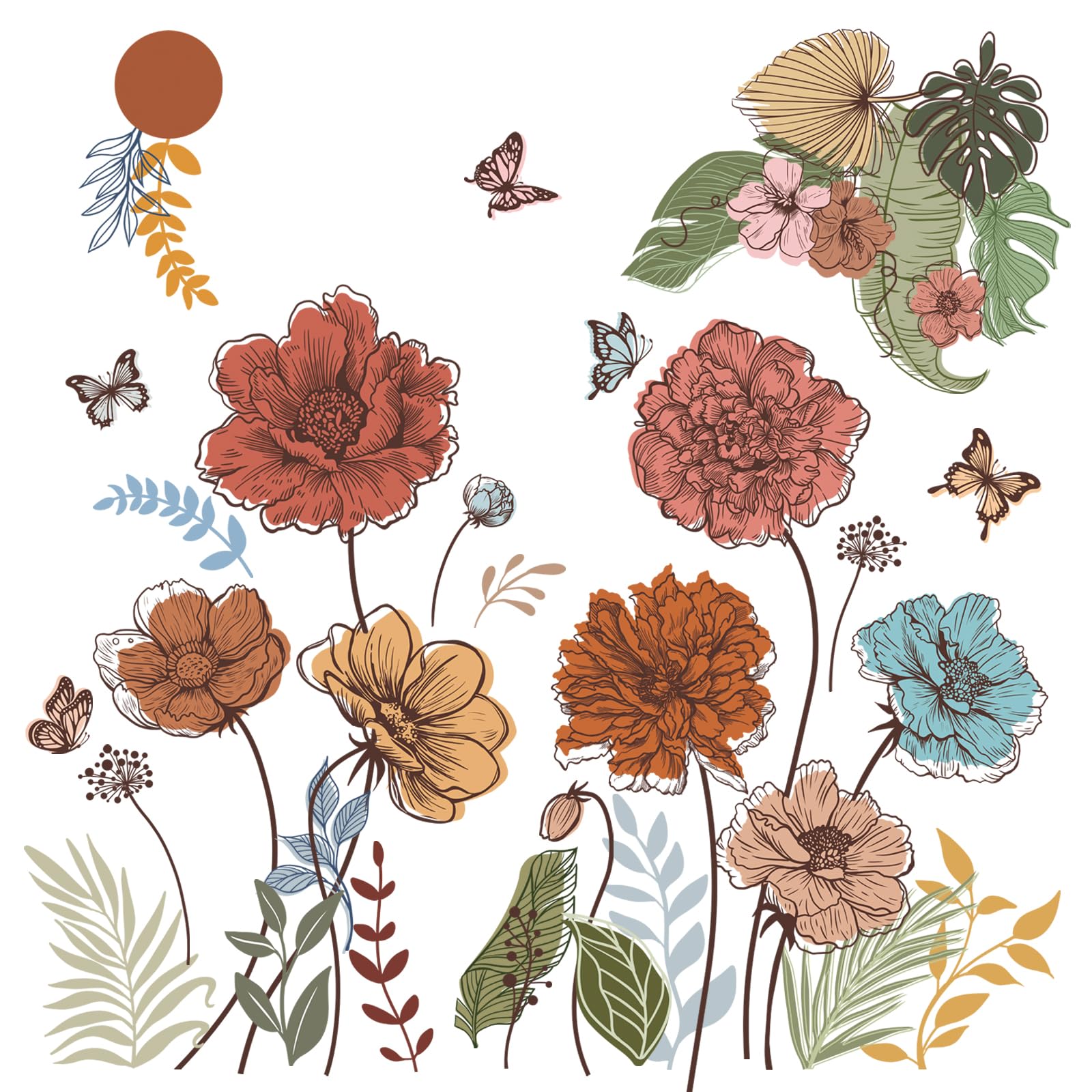 FUFUQUARE Large Boho Flower Wall Decals Floral Leaves Grass Butterfly Wall Stickers Removable Wall Art Decor for Living Room Bed