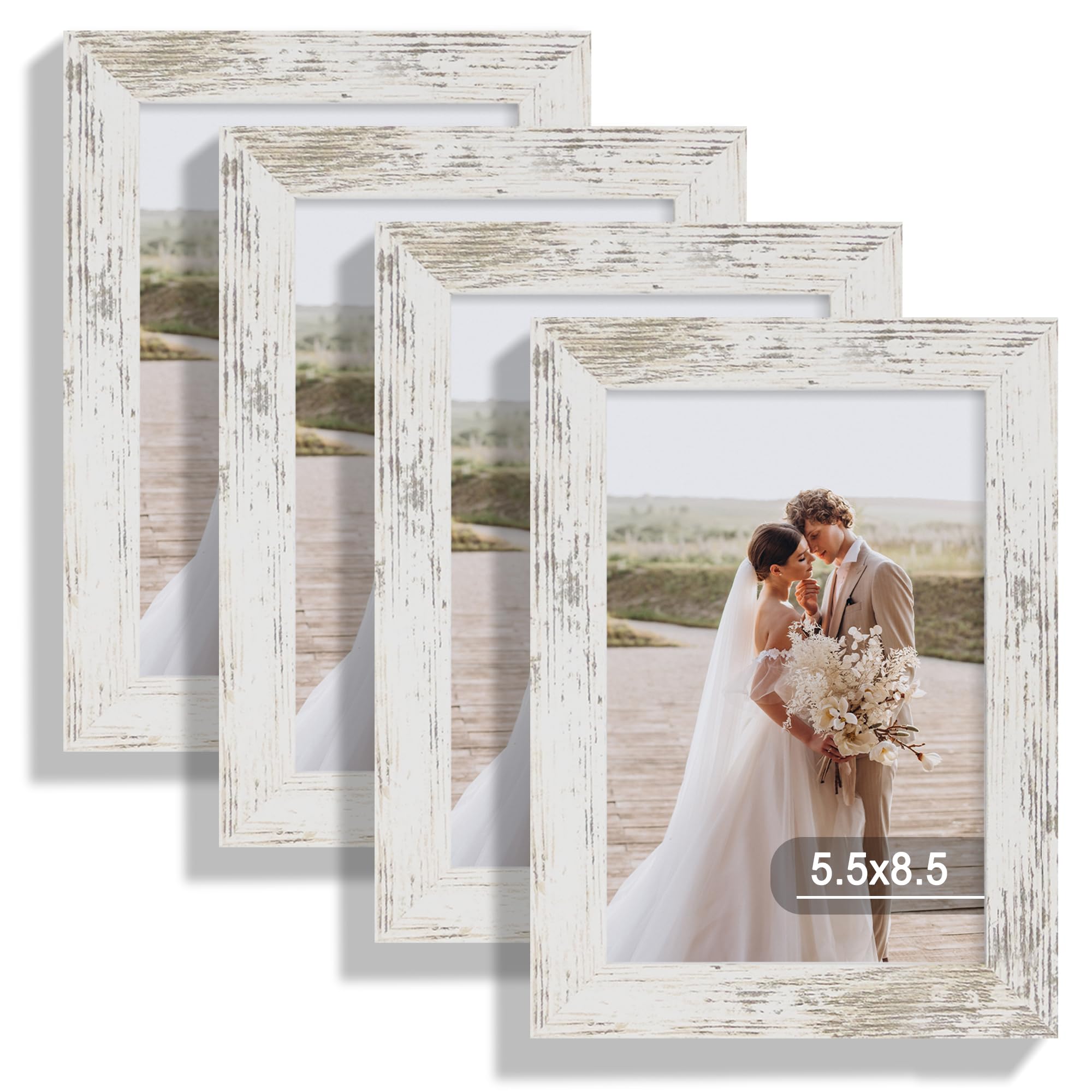 Hongkee 5.5X8.5 Picture Frame Set Of 4, Made Of Real Glass And Distressed White Frame, 5.5 By 8.5 Photo For Wall Or Tabletop