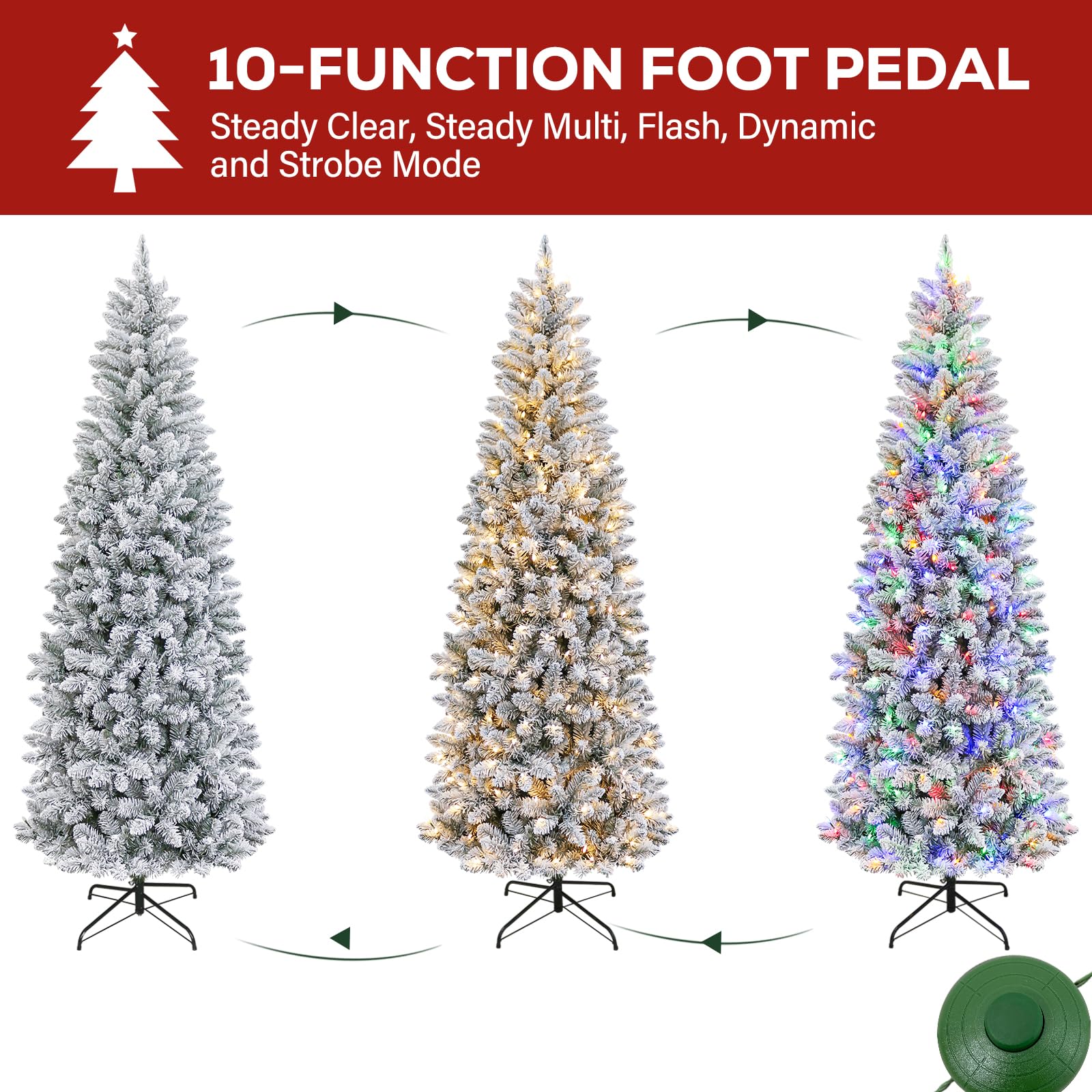 Hykolity 7.5 ft Pencil Prelit Christmas Tree, Artificial Slim Christmas Tree with 300 Multicolor LED Lights, 792 PVC Branch Tips