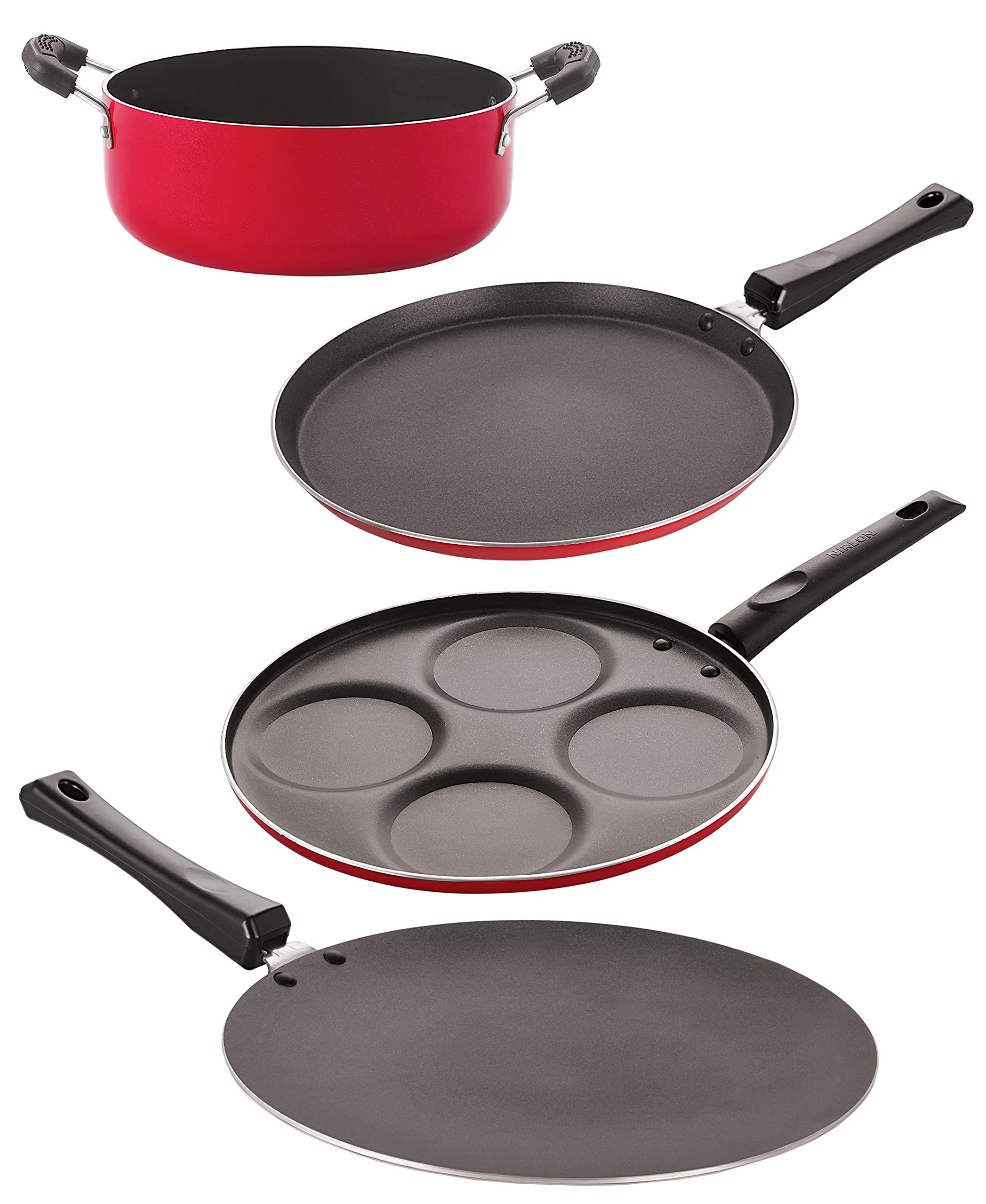 Nirlon NonStick Aluminium Cookware Set Of 4 Pieces Red Color (Ft10_Ct11_Up4_Cs24)