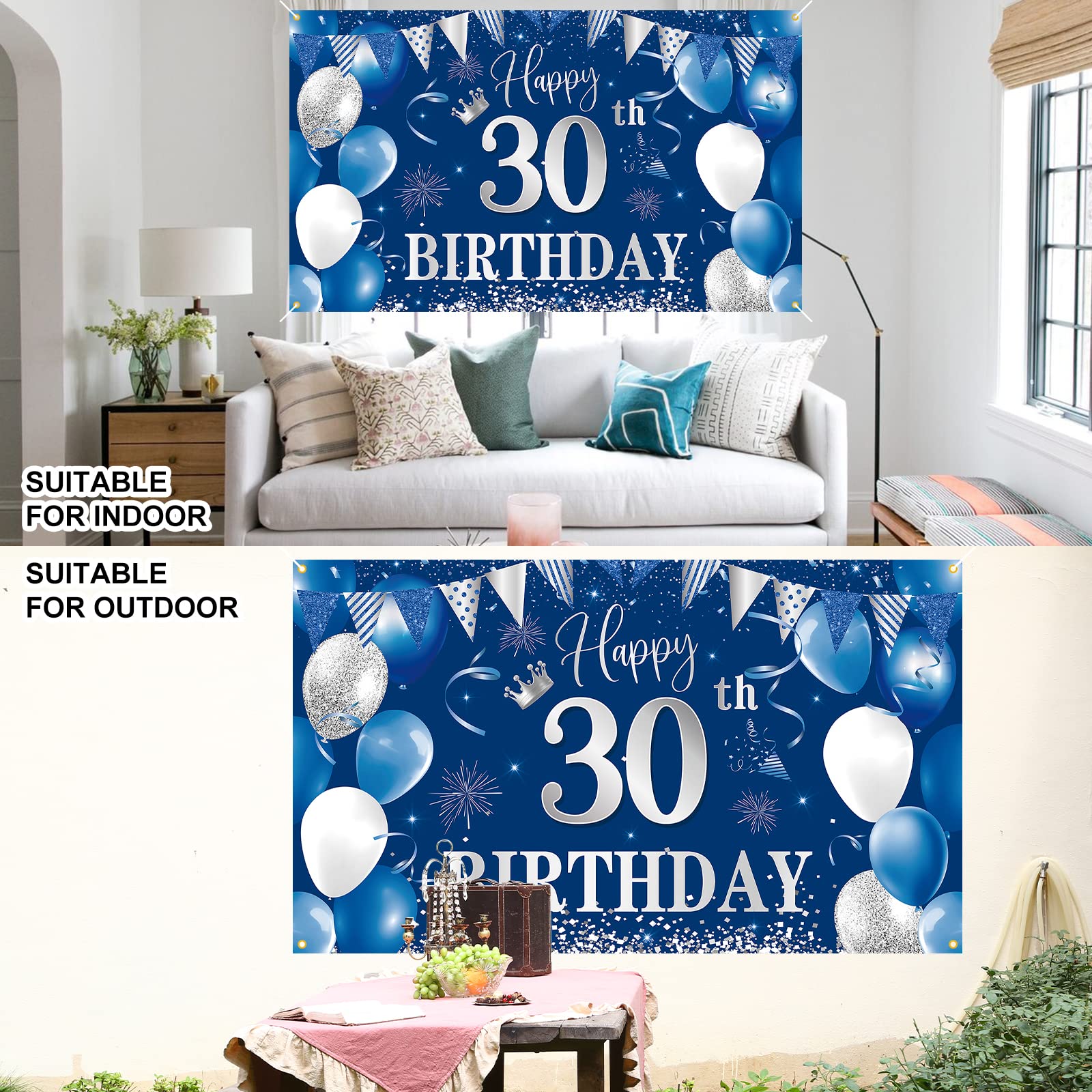 30Th Birthday Banner Backdrop,Btzo Happy 30Th Birthday Decorations,Blue Silver Fabric Photo Backdrop Background For Men And Wome