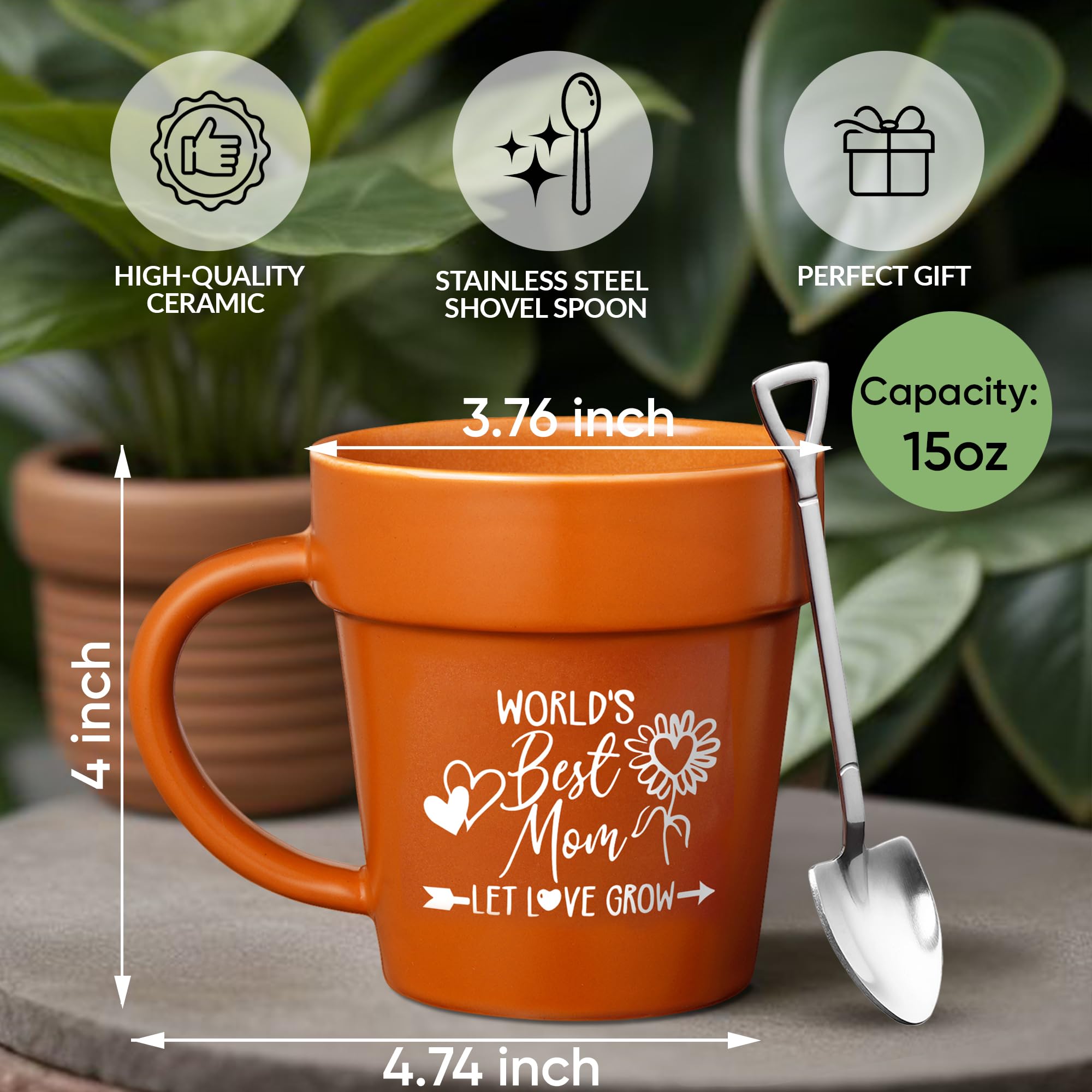 Plant Pot Mug - Plants Lover Mug with Metallic Shovel Ornament - Fancy Plant Lover Gifts for Women, Men - Birthday Gift for Wome