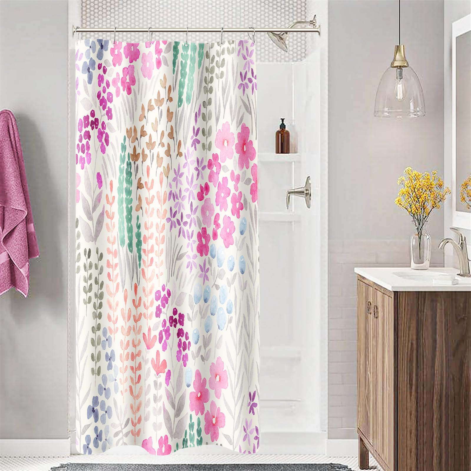 Mayzus Small Stall Shower Curtain 36 X 72 Inch, Half Narrow Cute Floral Shower Curtain For Bathroom, Hot Pink Wildflower Boho Co