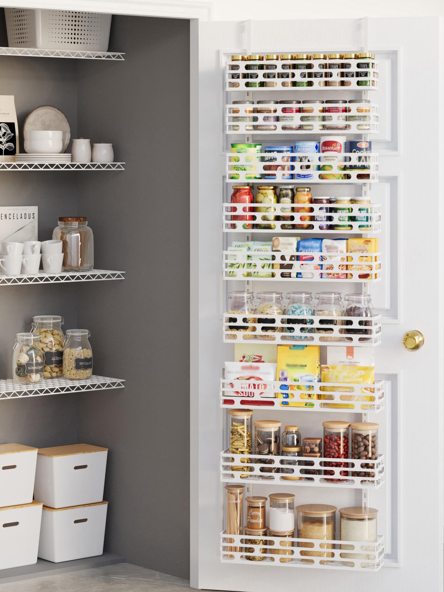NQW 9Tier Over Door Pantry Rack, Heavy Duty Metal Hanging Storage Organizer for Kitchen, White