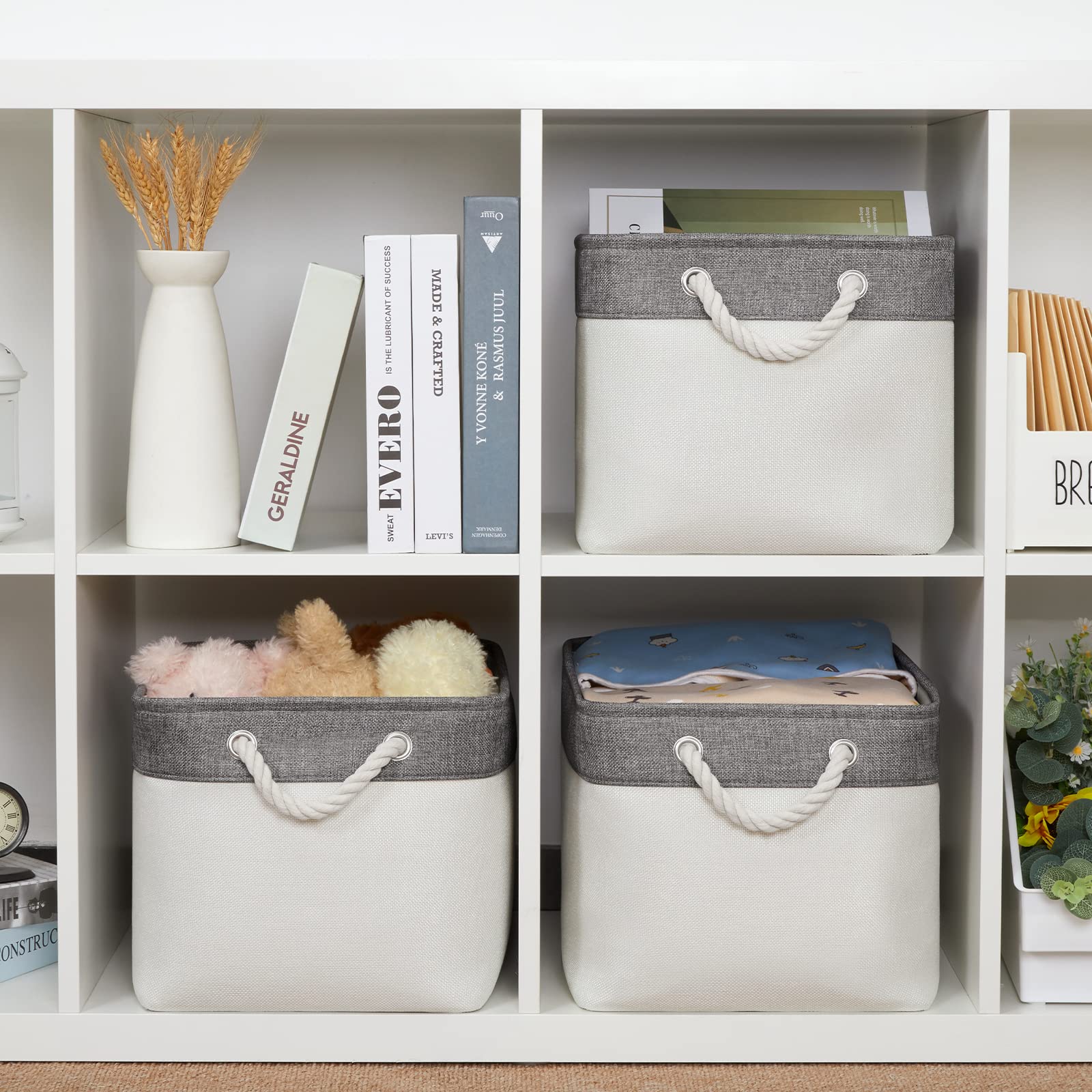 Bidtakay White Baskets With Cotton Rope Handles Decorative Storage Bins [3-Pack] Fabric Bins For Organization Linen Closet Shelf