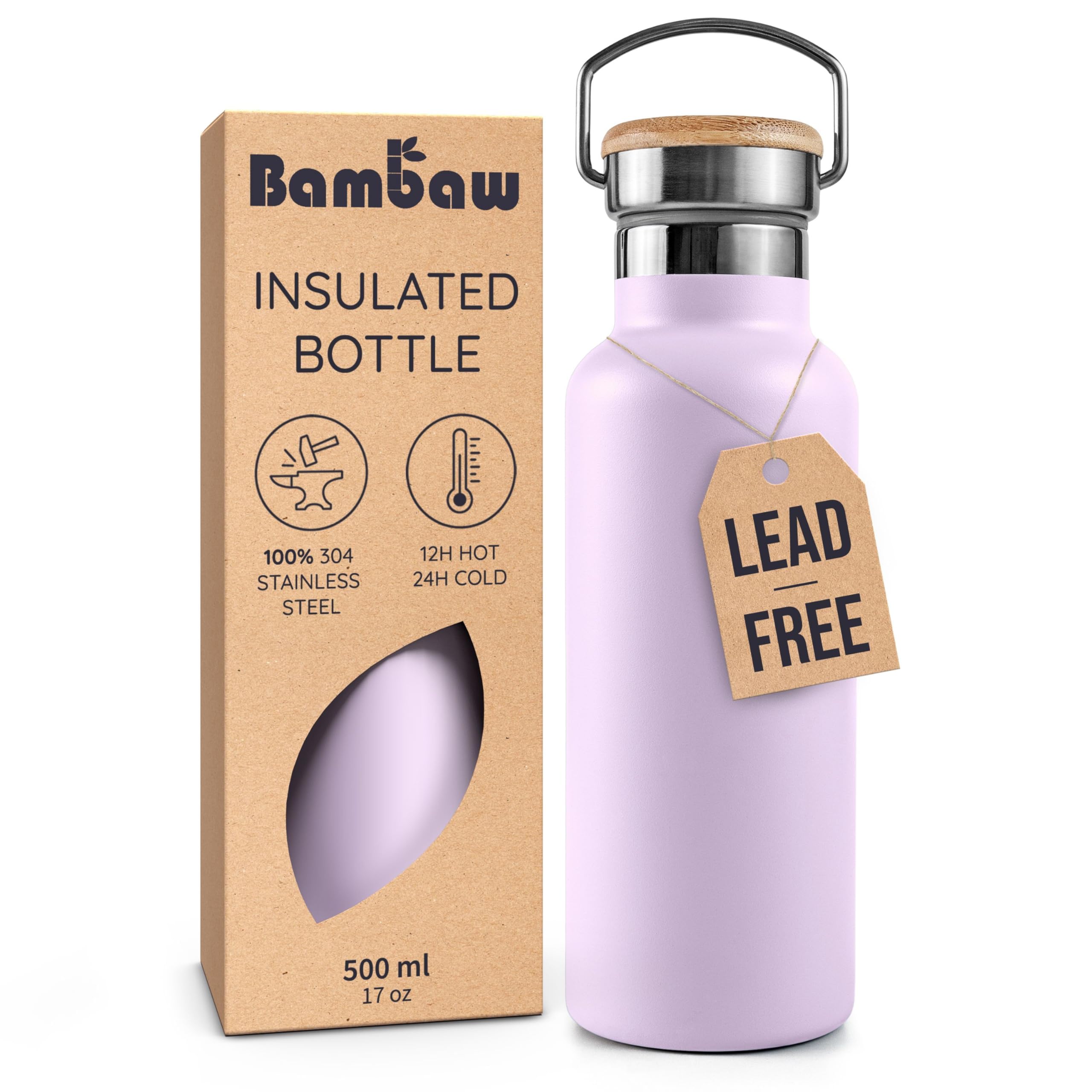 Bambaw Insulated Water Bottle 16 oz, Stainless Steel Water Bottle for Hot & Cold Drinks, Leak-Proof, Great for Travel, Work & Sc