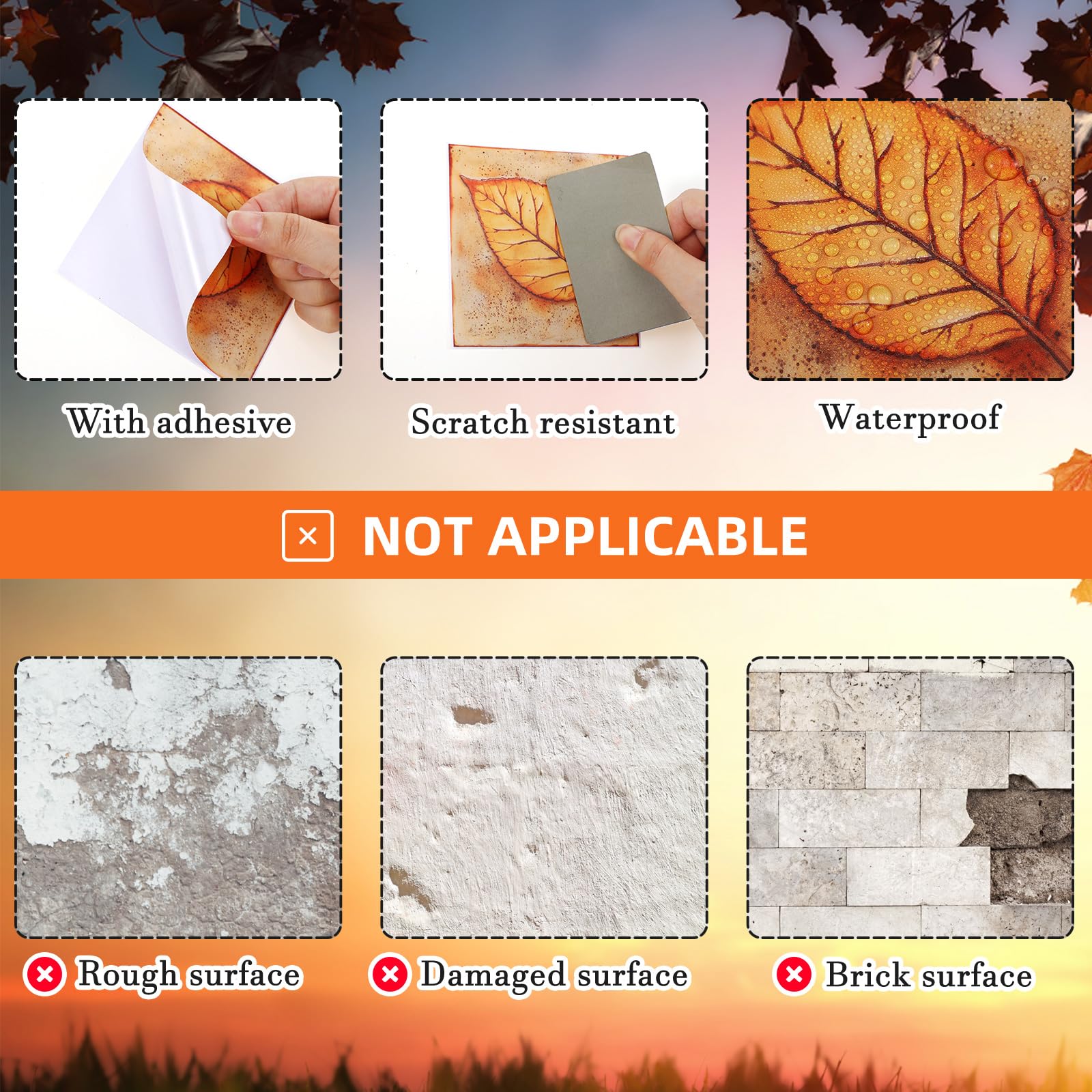 Faccito 24 Pcs Fall Tile Stickers 4X4 Inch Watercolor Thanksgiving Maple Leaves Peel And Stick Removable Self Adhesive Pvc Water