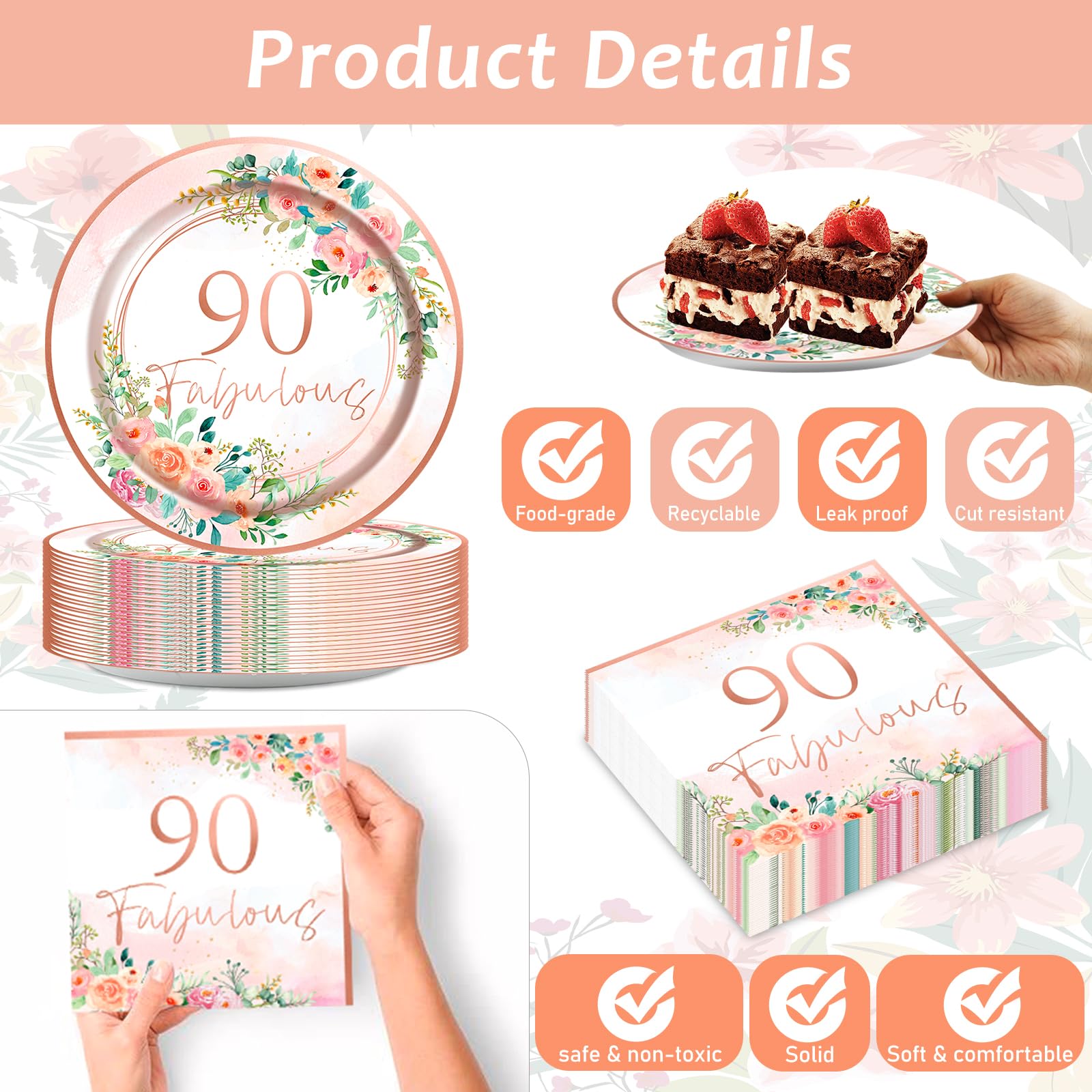 200Pcs 90Th Birthday Party Supplies Rose Gold Tableware Set Fabulous Disposable Plates Napkins Forks 90Th Birthday Party Decorat
