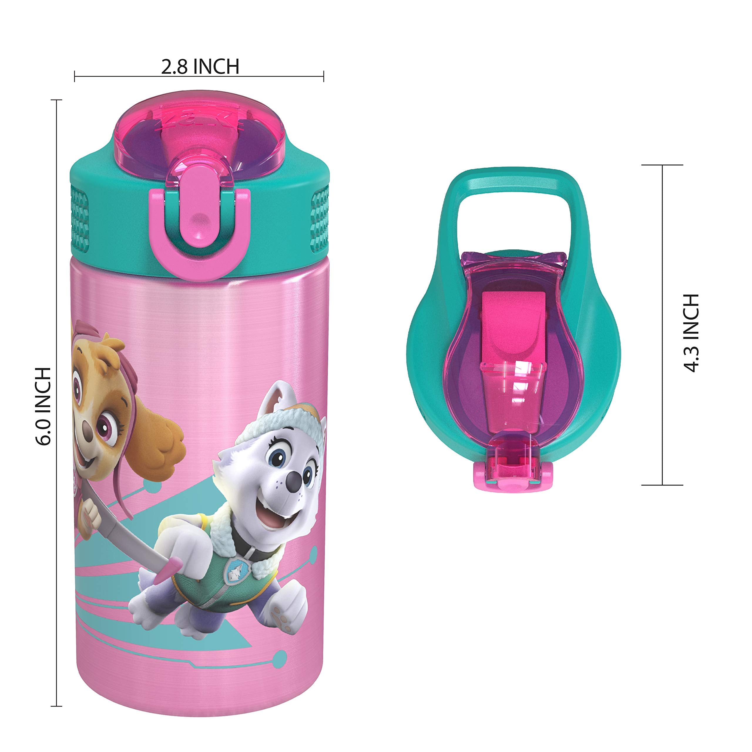 Zak Designs 18/8 Stainless Steel Kids Water Bottle with Flip-up Straw Locking Spout Cover  Durable Cup for Sports or Travel (15.5oz  Paw Patrol Skye) PWPT-S732