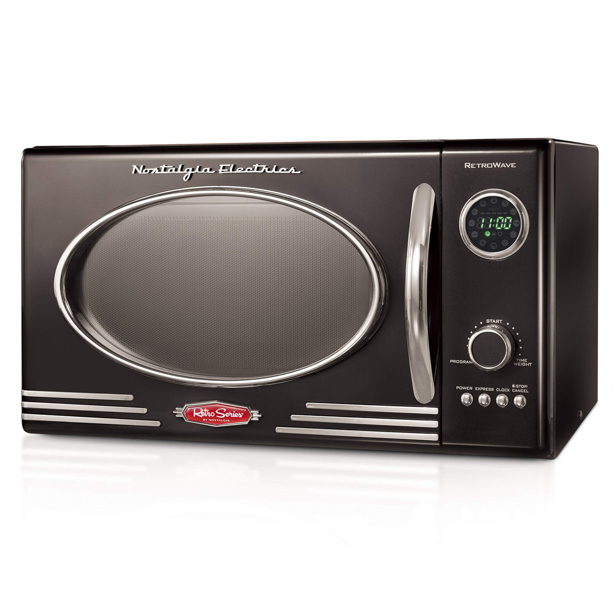 Nostalgia Rmo4Bk Retro 0.9 Cubic Foot 800-Watt Countertop Microwave Oven, 5 Power Levels And 12 Cook Settings, Led Display, Jet
