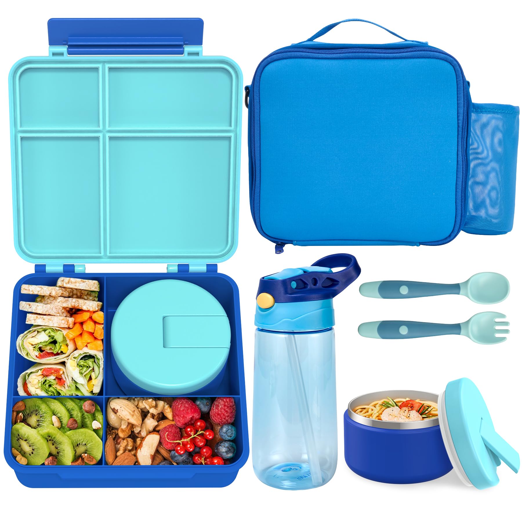Kids Bento Lunch Box with 8oz Soup Thermo, Water Bottle, Kids Leakproof Lunch Food Containers with 4 Compartment, Insulated Hot 