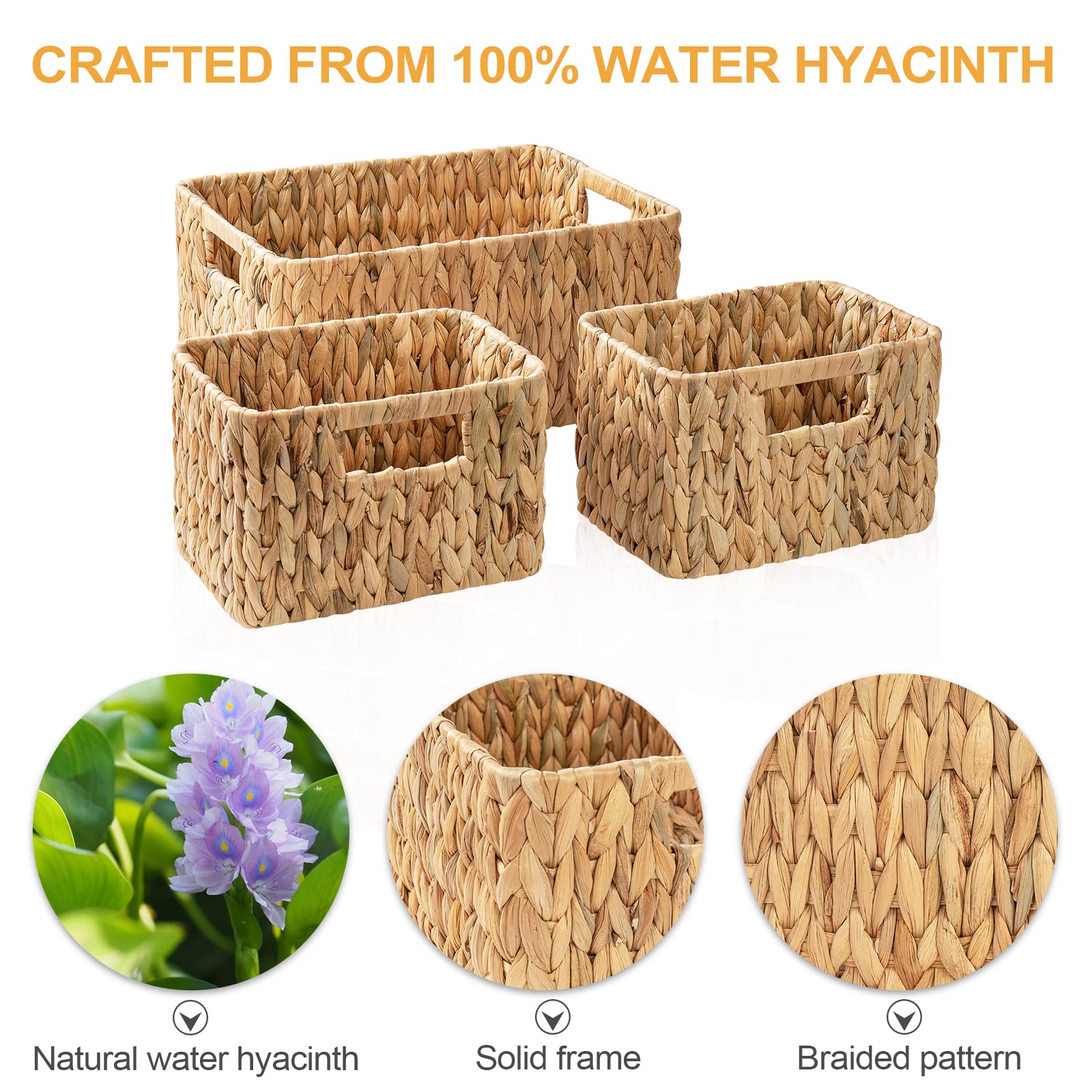 Elong Home Wicker Storage Basket, 3 Pack Hand-Knitted Wicker Baskets, Water Hyacinth Storage Baskets With Built-In Handles