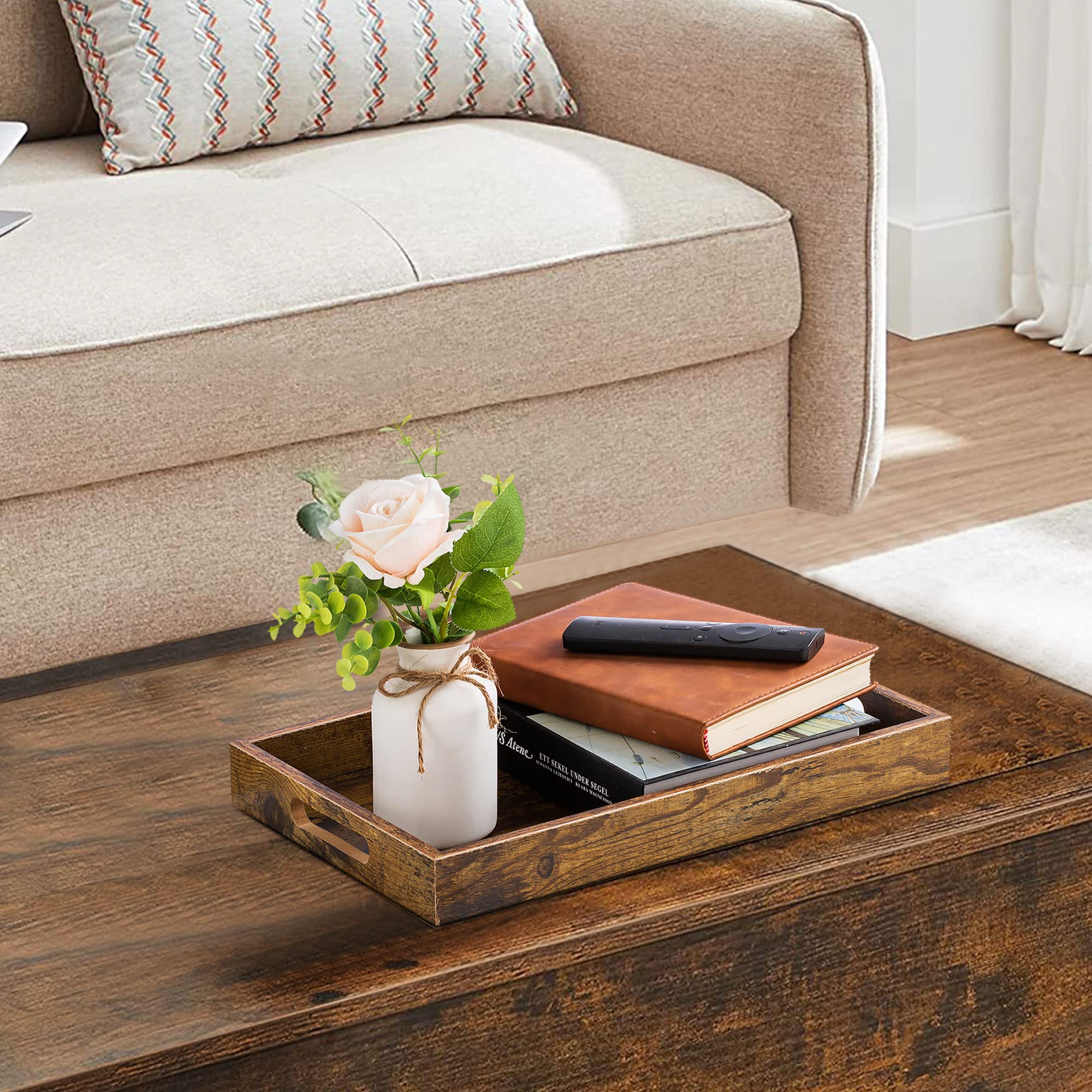Hanobe Brown Decorative Serving Trays: Rustic Brown Rectangle Tray Decor With Cutout Handles For Coffee Table Ottoman Living Roo