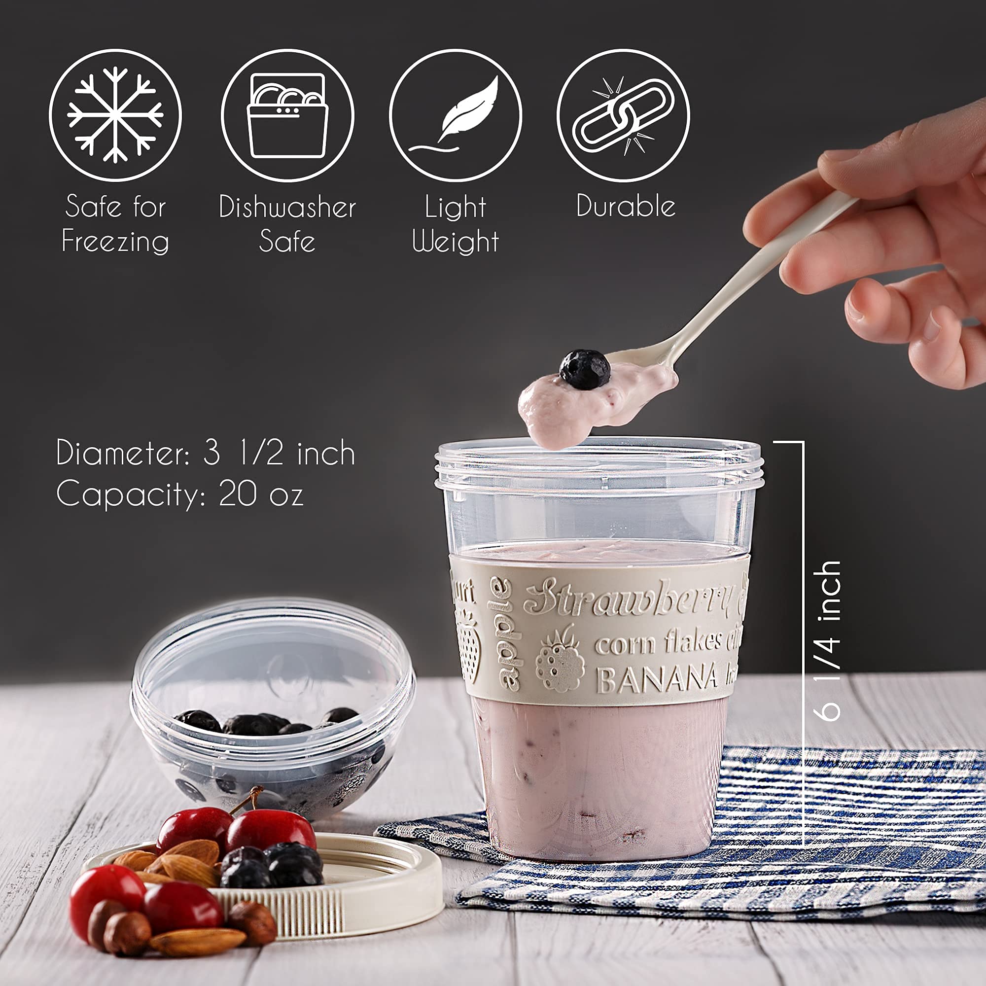 Crystalia Yogurt Parfait Cups With Lids, Reusable Yogurt Containers With Lids And Spoons, Take And Go Yogurt Cup With Topping Ce