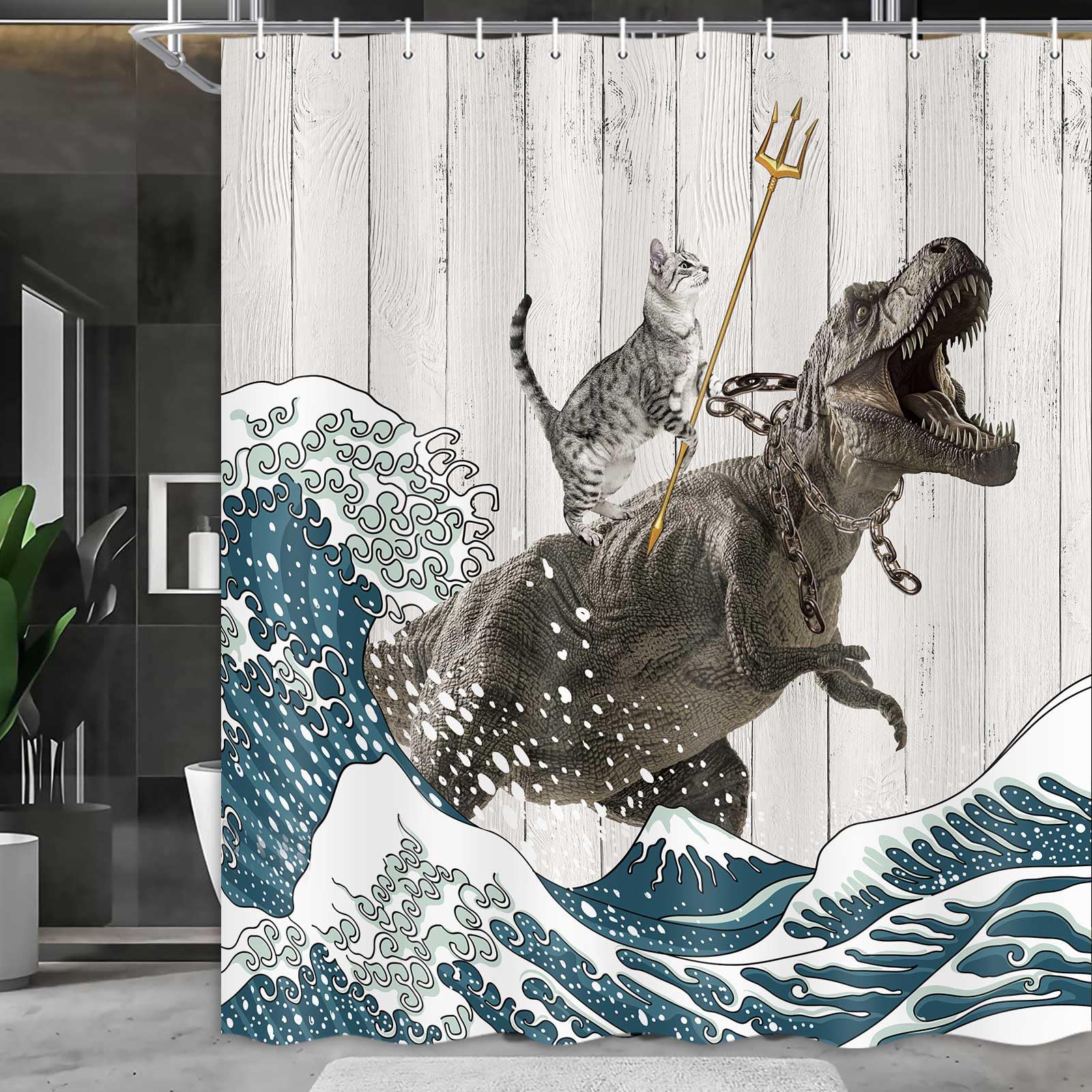 Boziqr Funny Cat Shower Curtain  Cool Cat Dinosaur Japanese Ocean Wave Decor Fabric Bathroom Curtains  Kids Children Rustic Wooden Farmhouse Shower Curtain  70X70 Inches