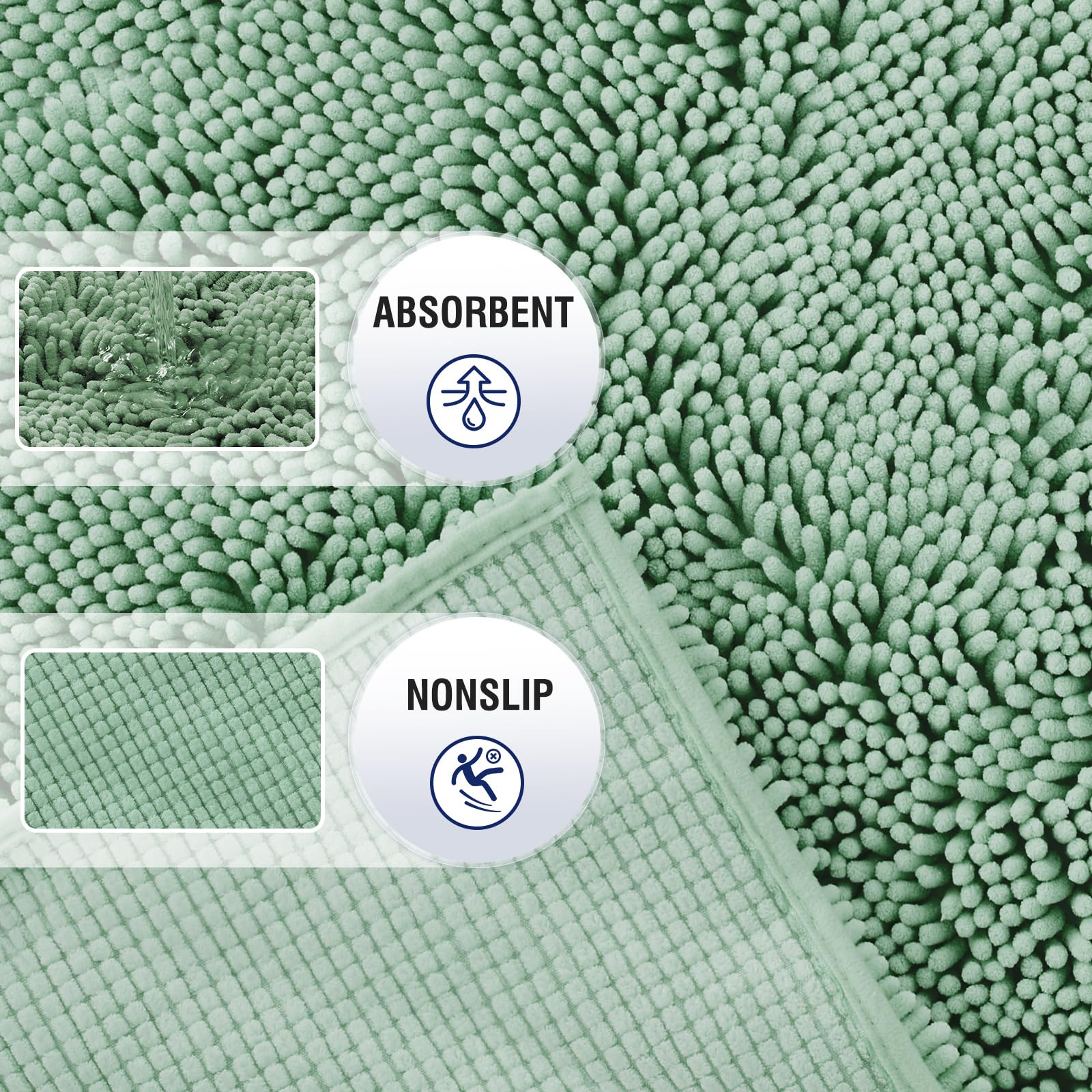 Chenille Soft Plush Bath Rugs for Bathroom  32''x20'' Non-Slip Absorbent Machine Washable Bathroom Fluffy Carpet Mats for Shower Floor and Bathtub - Seaform Green