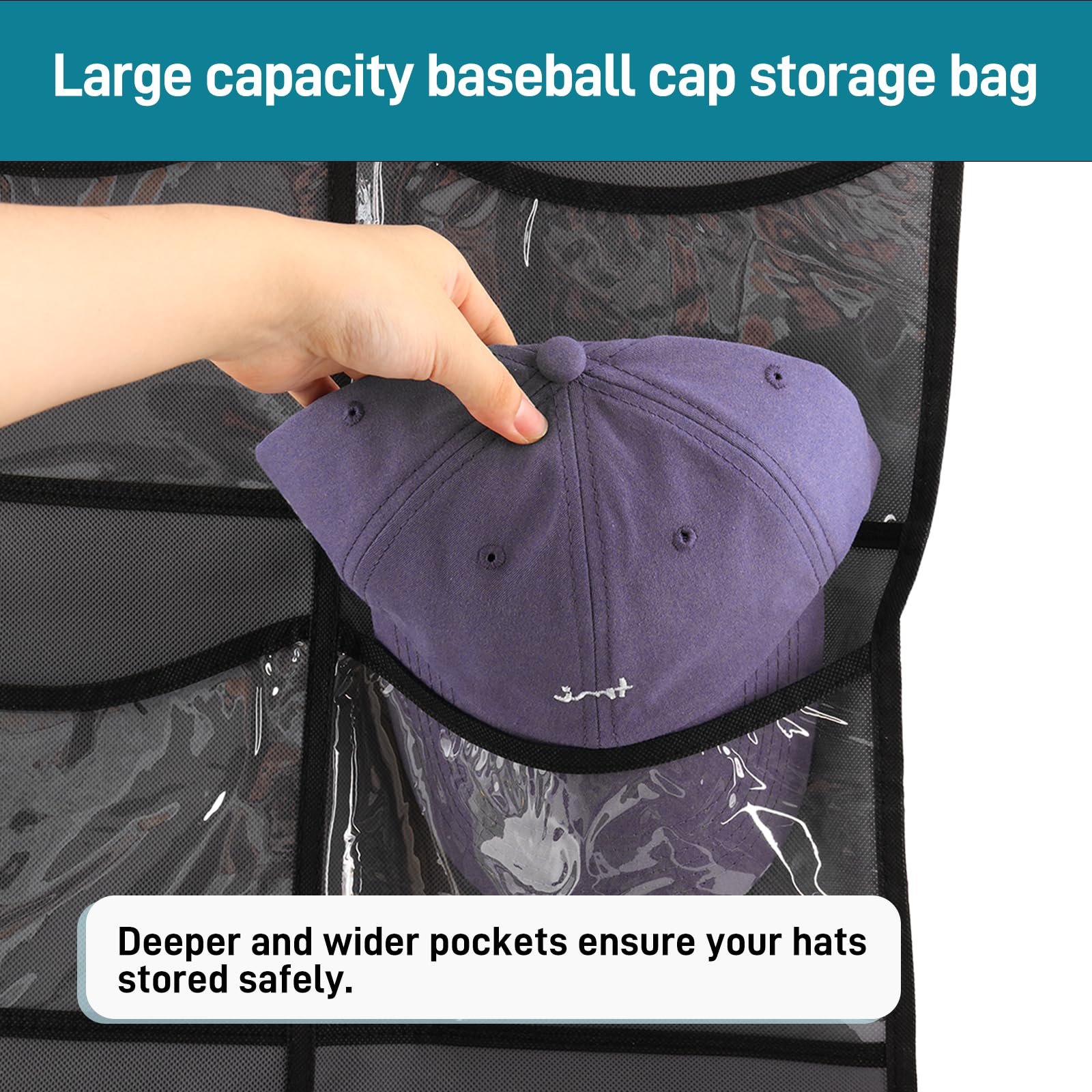 Fixwal Baseball Hat Rack, 16 Pocket Over The Door Cap Organizer Cap Hat Holder Hanger For Closet With Large Clear Pockets & 2 Ho