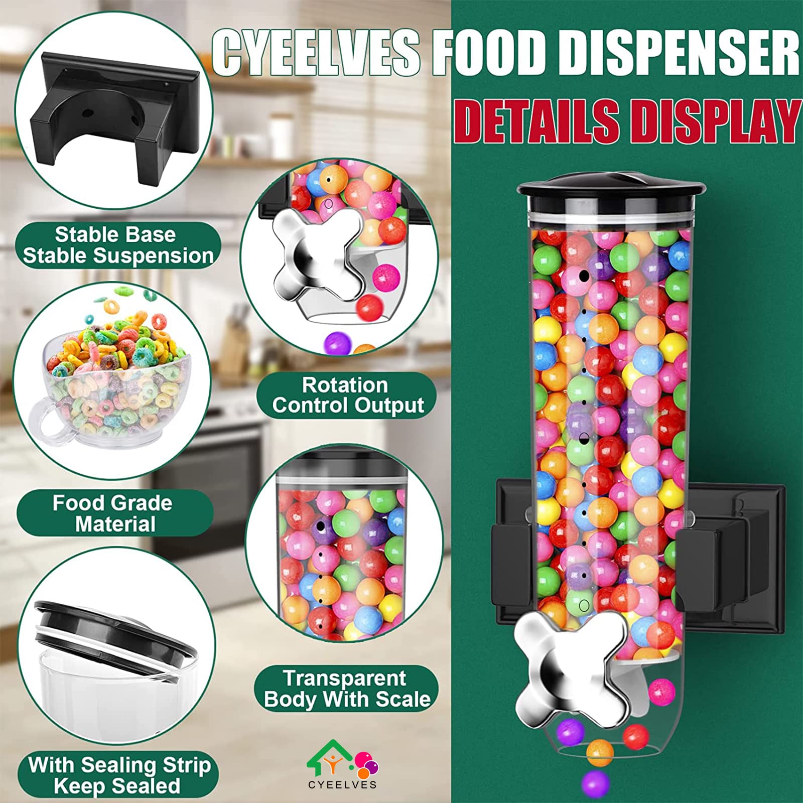Cereal Dispenser, Food Dispenser Wall Mounted, Grain Dispenser Storage Containers With Cup, Single Control Candy Dispenser For S