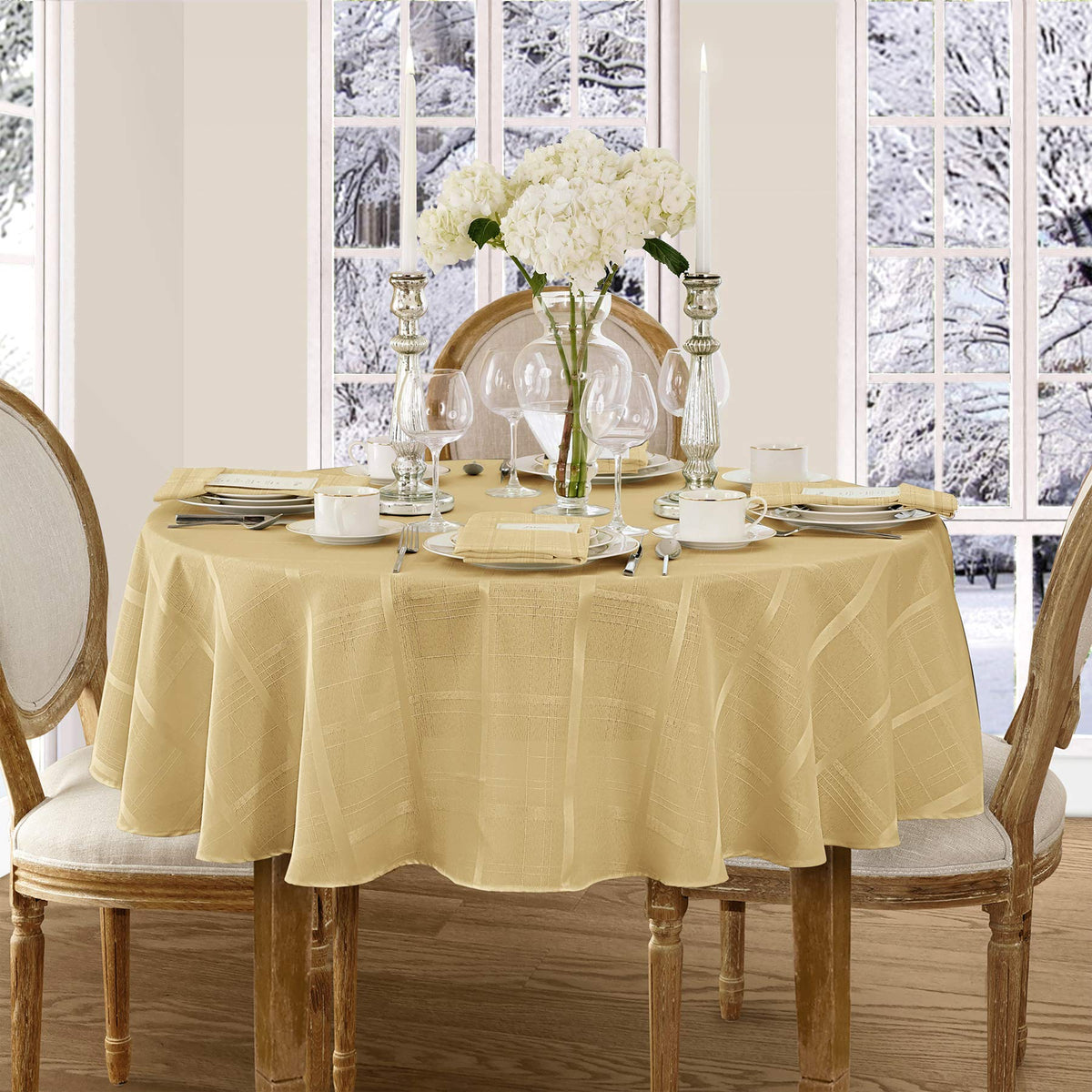 Newbridge Elegance Plaid Christmas Fabric Tablecloth, 100% Polyester, No Iron, Soil Resistant Holiday Tablecloth, 70 Inch Round,