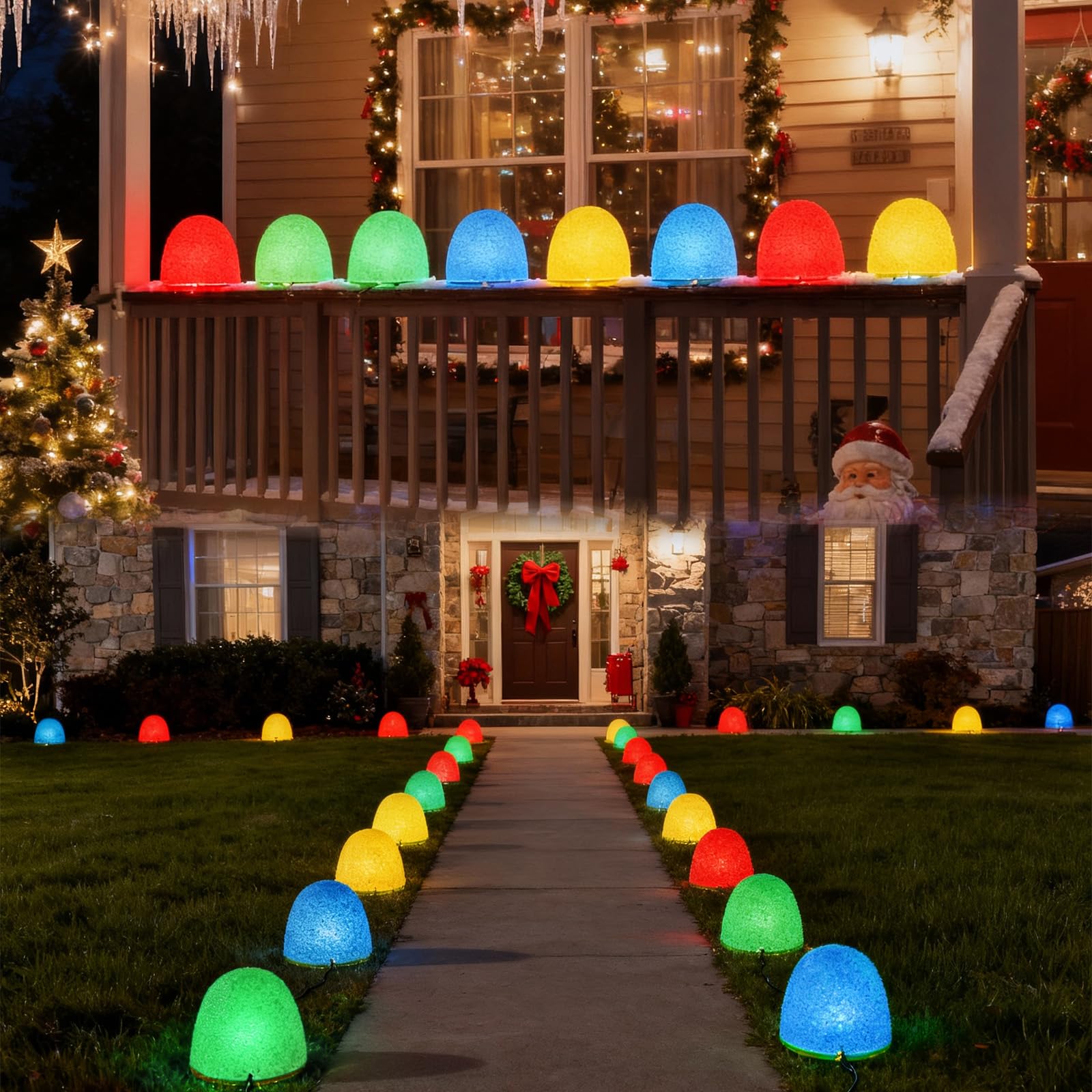 Illuminated Gumdrop Christmas Pathway Lights Outdoor Decorations, Connectable 4Pcs Light Up Gum Drop with Timer for Yard, Cute H