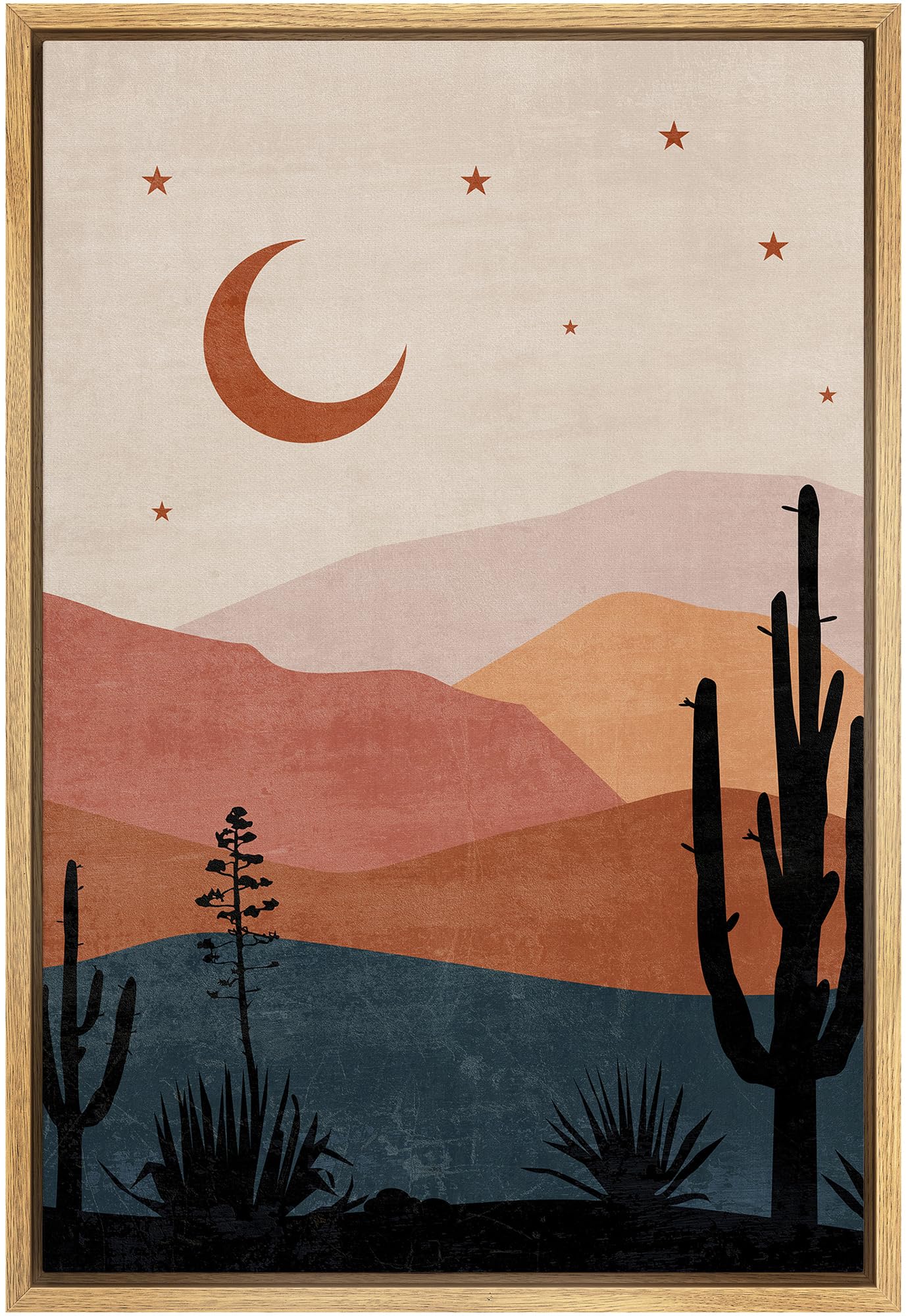 Signford Framed Canvas Print Wall Art Desert Landscape With Crescent Moon And Silhouetted Cacti Nature Wilderness Illustrations