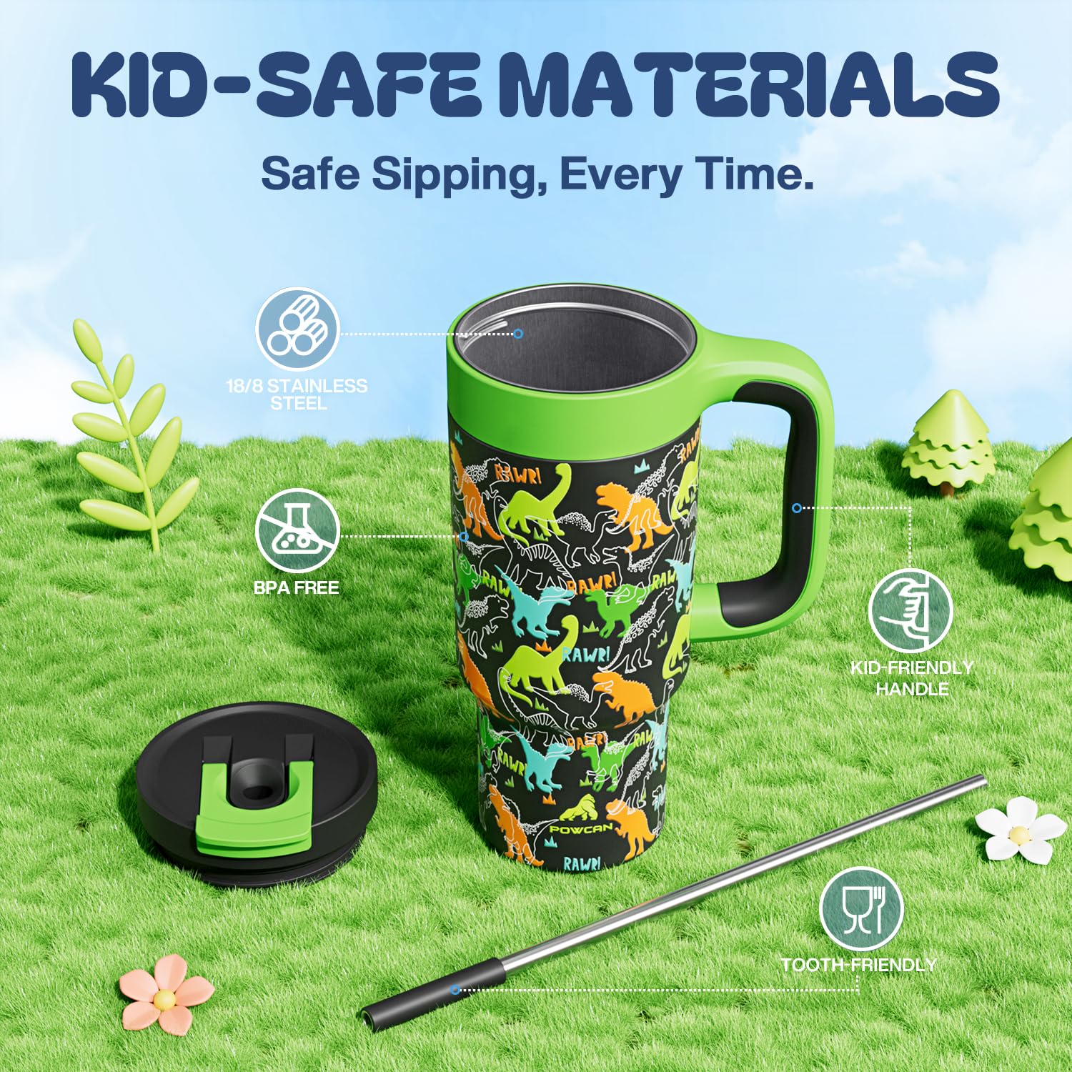 24 oz Kids Tumbler with Straw for Boys: Leakproof, Cold for 26 Hrs, Hot for 10 Hrs, Durable Handle, Insulated Stainless Steel Cu