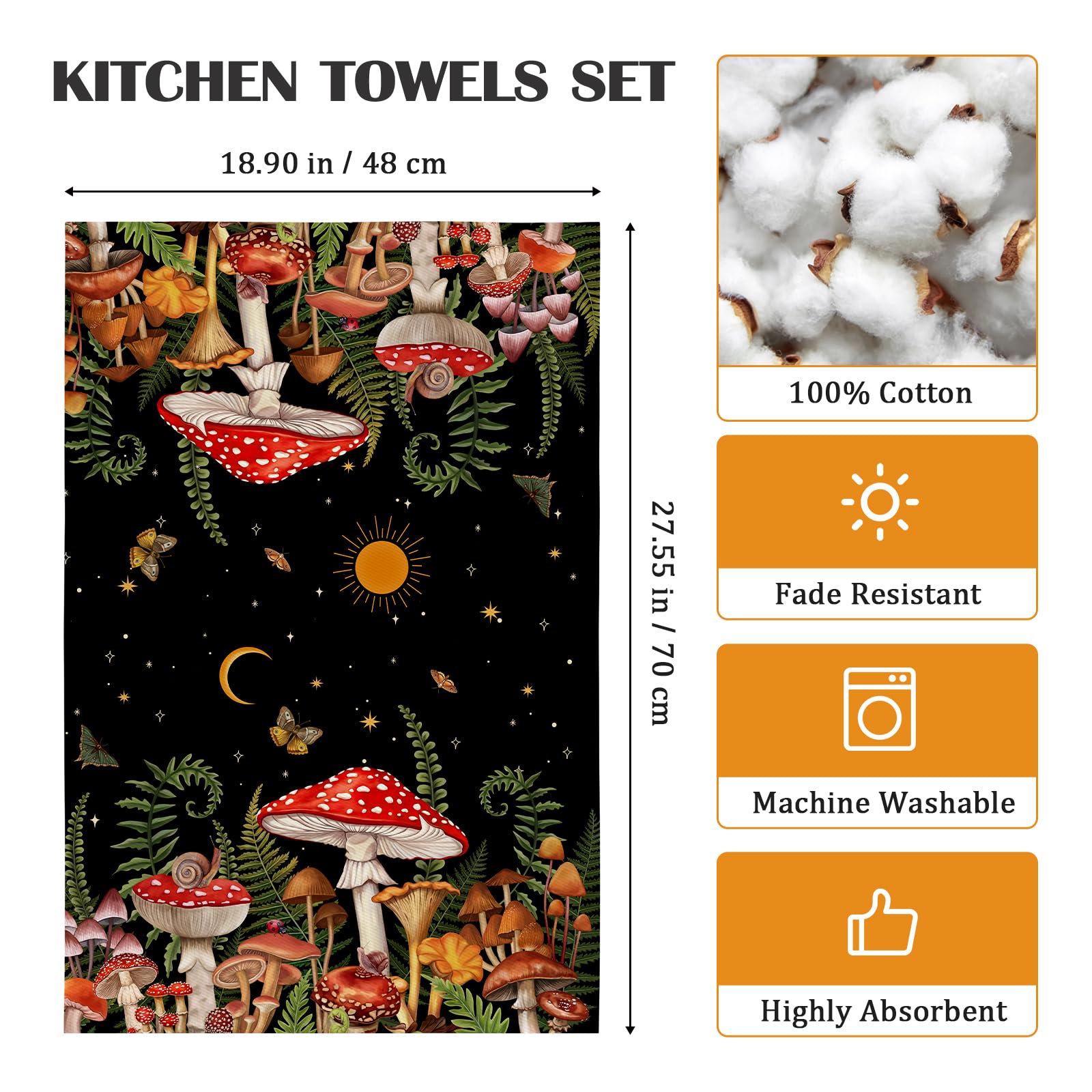 Arquiel Mushroom Tea Towels, Cotton Kitchen Towel 18.9    27.5 Inch, Quick Drying Dish Cloth For Party Anniversary Holiday Decor