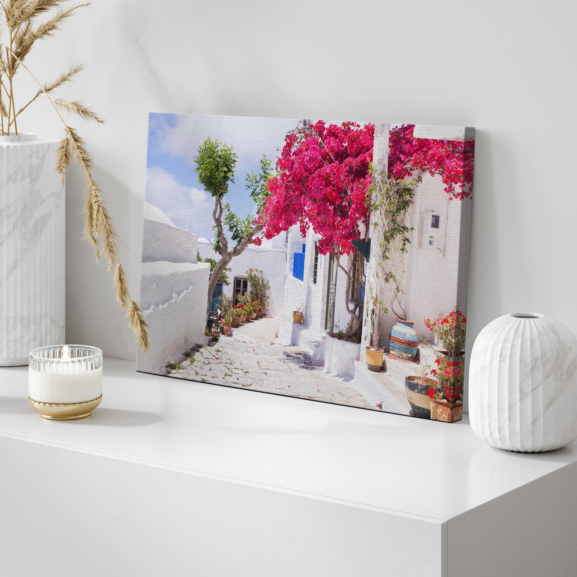 Wall26 Canvas Print Wall Art Santorini Greece Pink Flowers Nature Wilderness Photography Realism Landscape Scenic Bohemian Rusti