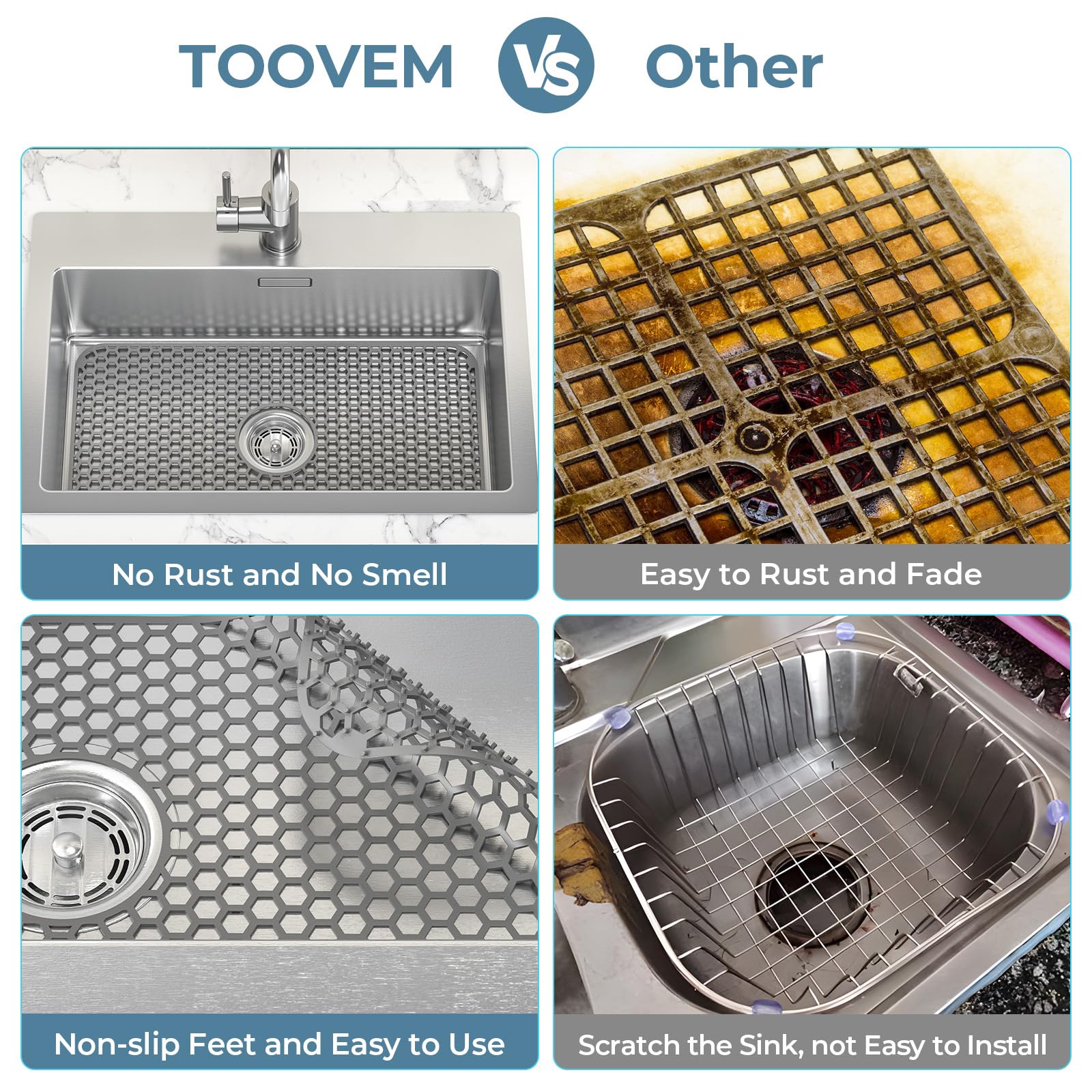 Toovem Silicone Sink Mat, 26 X 14 Inches Sink Protectors For Kitchen Sink With Center Drain, Non Slip, Heat Resistant Flexible S
