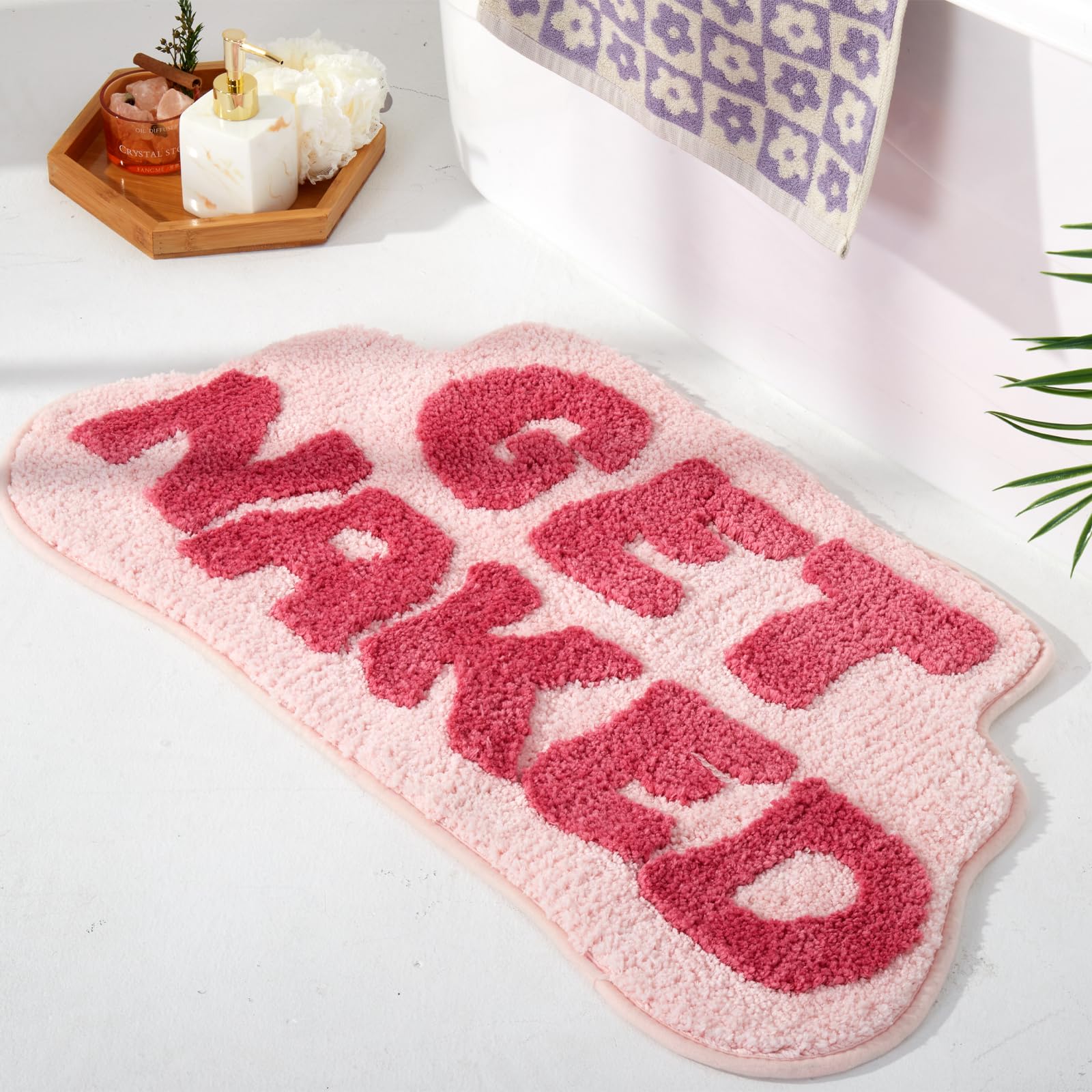 Dyefury Irregular Shaped Get Naked Bath Mat Pink - Fun Bath Mat, Small Preppy Bathroom Decor, Funny Aesthetic Bathroom Rugs For