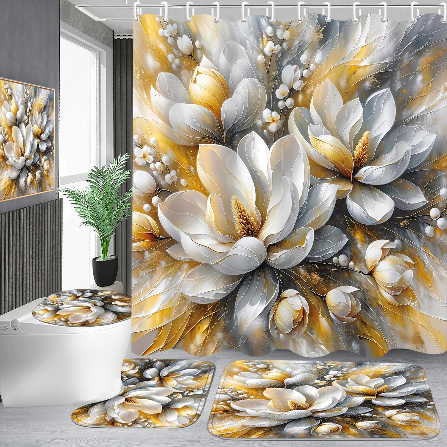 Pretyw 4-Piece Magnolia Flowers Shower Curtain Set Dreamy Beauty Bathroom Set With Shower Curtain And Rugs, Gold White And Gray