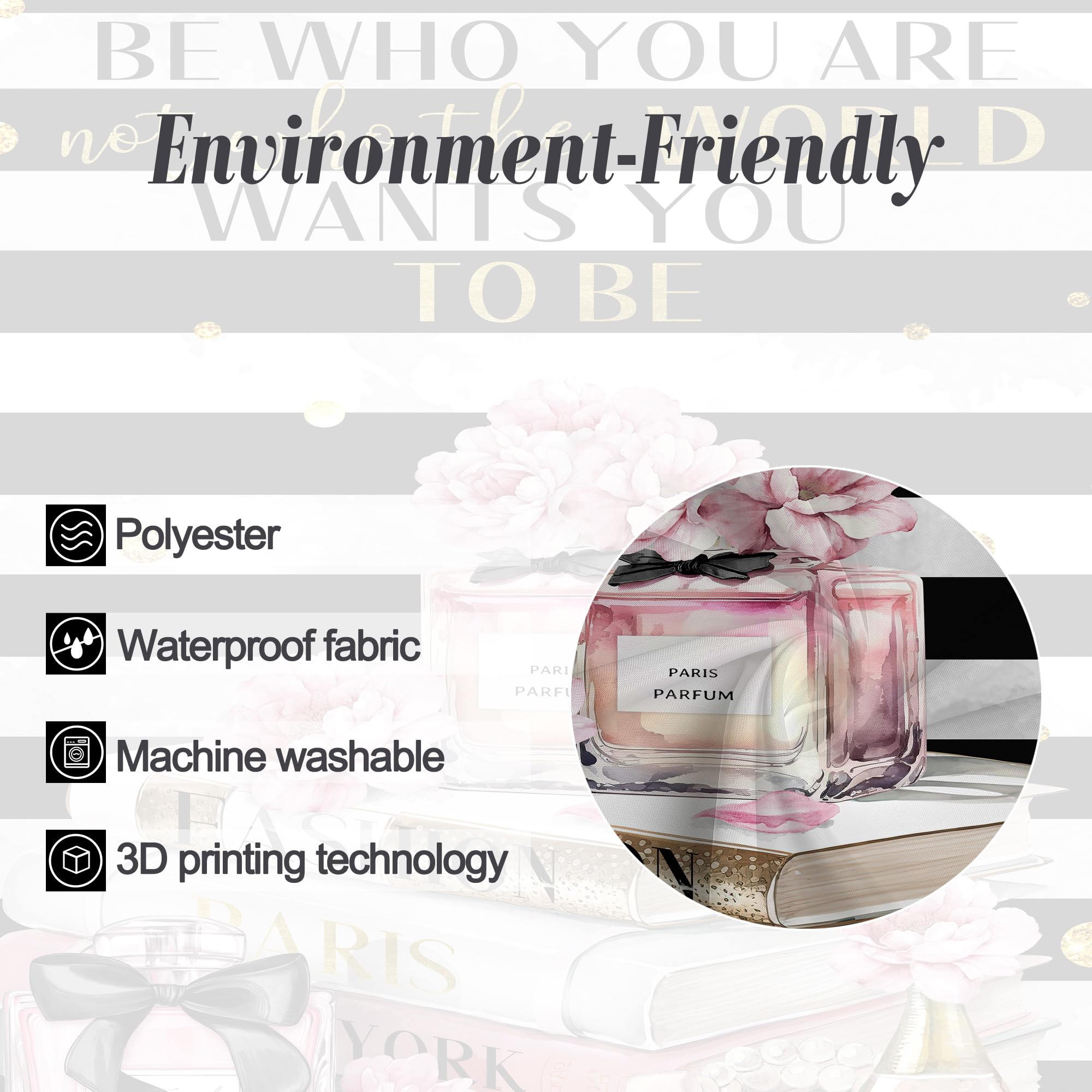 Riyidecor Small Stall Fashion Women Shower Curtain 36Wx72H Inch Black White Striped Pink Modern Magazine Book Perfume Flower Girl Positive Quote Bathroom Decor Fabric Polyester Waterproof 7 Pack Hooks