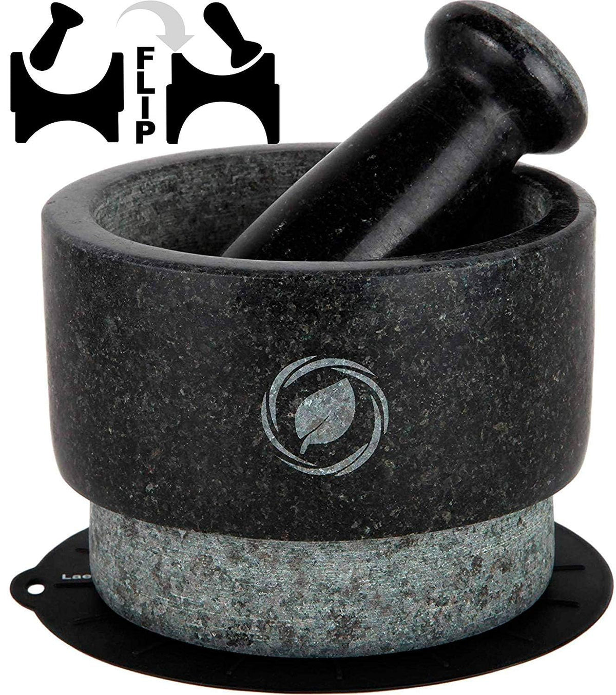 Laevo Mortar And Pestle Large Set - Black Granite Stone Spice Grinder, 2.1 Cup Capacity, 5.5 Inches - Reversible Molcajete Mexic