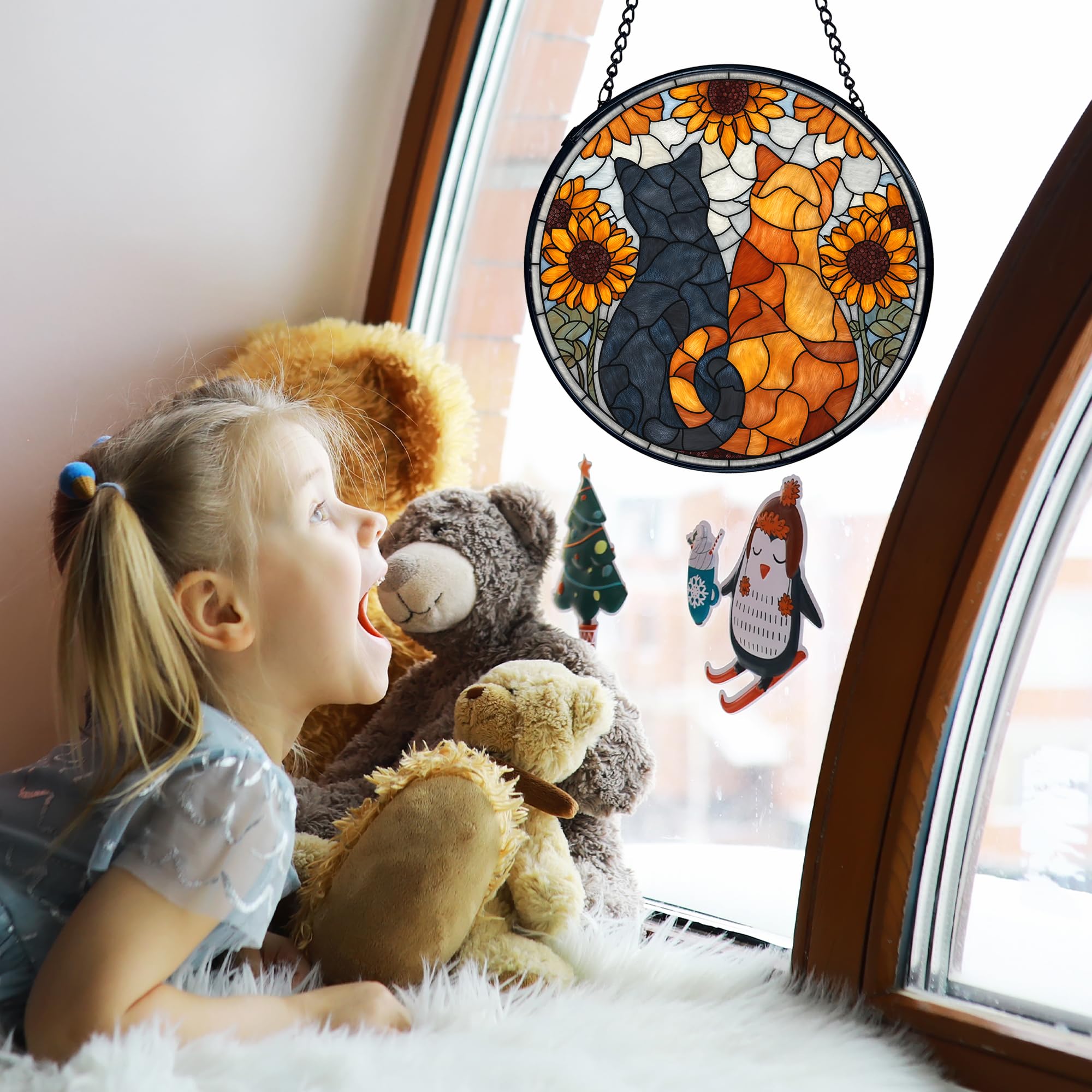 TNUW Cat Sunflower Stained Glass Window Hanging, Black Orange Cat Sunflower Suncatchers Indoor Window Glass Round Wall Art Decor
