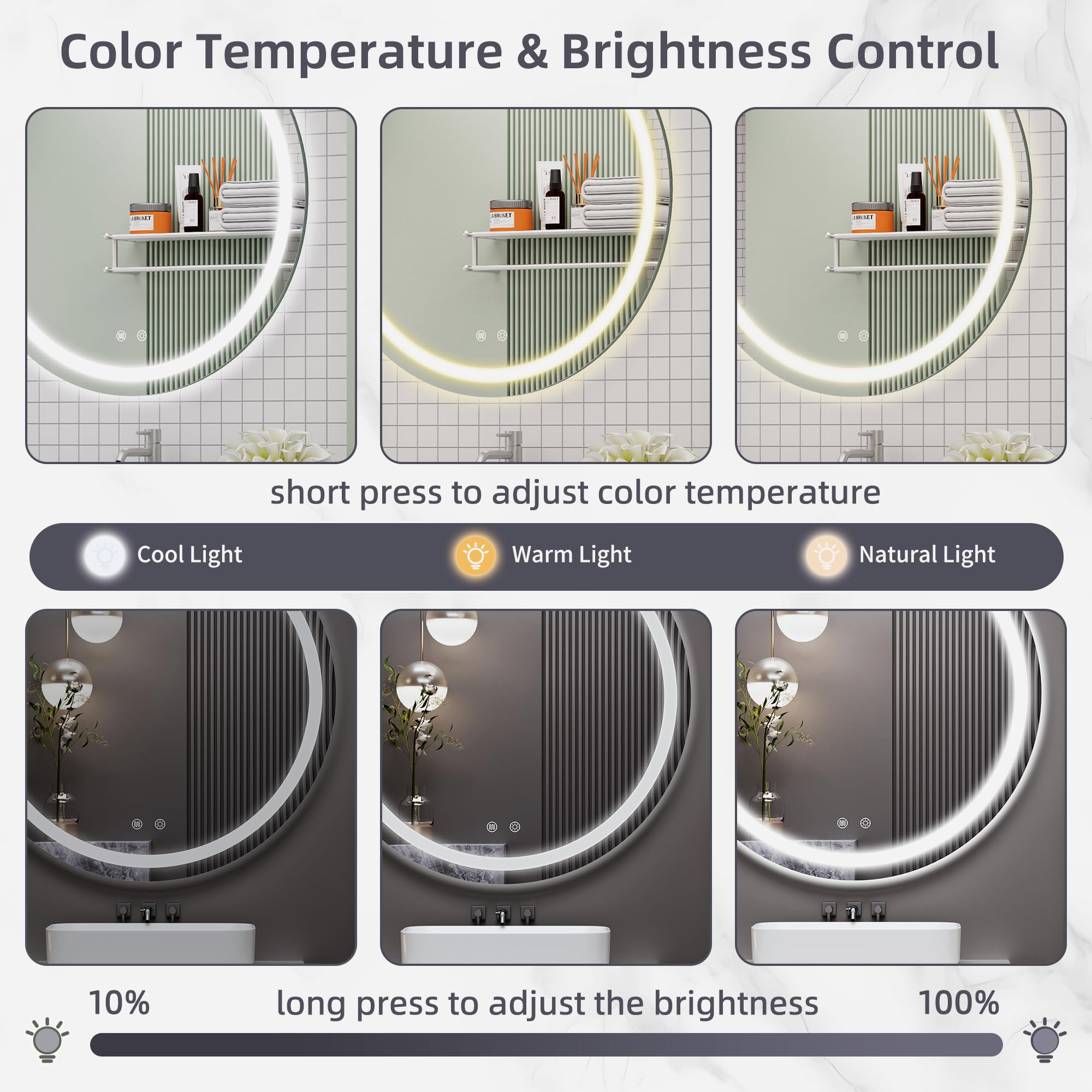 Vosuja 36X36Inch Rounded Led Bathroom Mirror, 3 Colors Lighted & Stepless Dimmable Vanity-Mirror-With-Lights, Anti-Fog, Frameles
