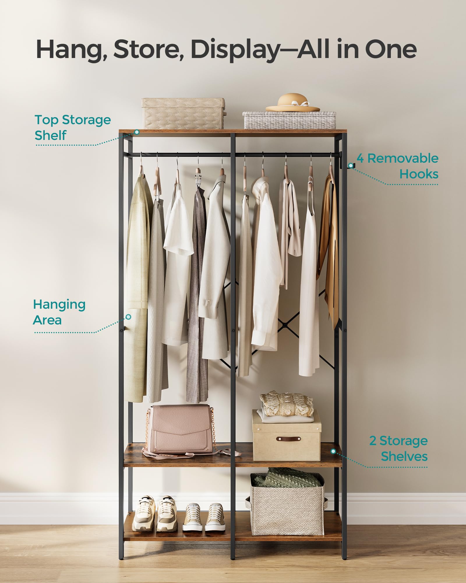 Songmics Clothes Rack, Iron And Wood Wardrobe Closet Organizer, Heavy Duty Garment Rack With Hanging Rods, Closet Shelves, Remov