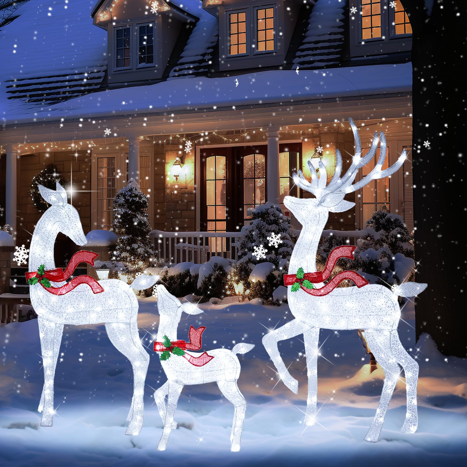 62Inch Reindeer Christmas Decoration Outdoor, 3-Piece Lighted Christmas Deer Family Set with 200 LED Cool White Lights for Yard 
