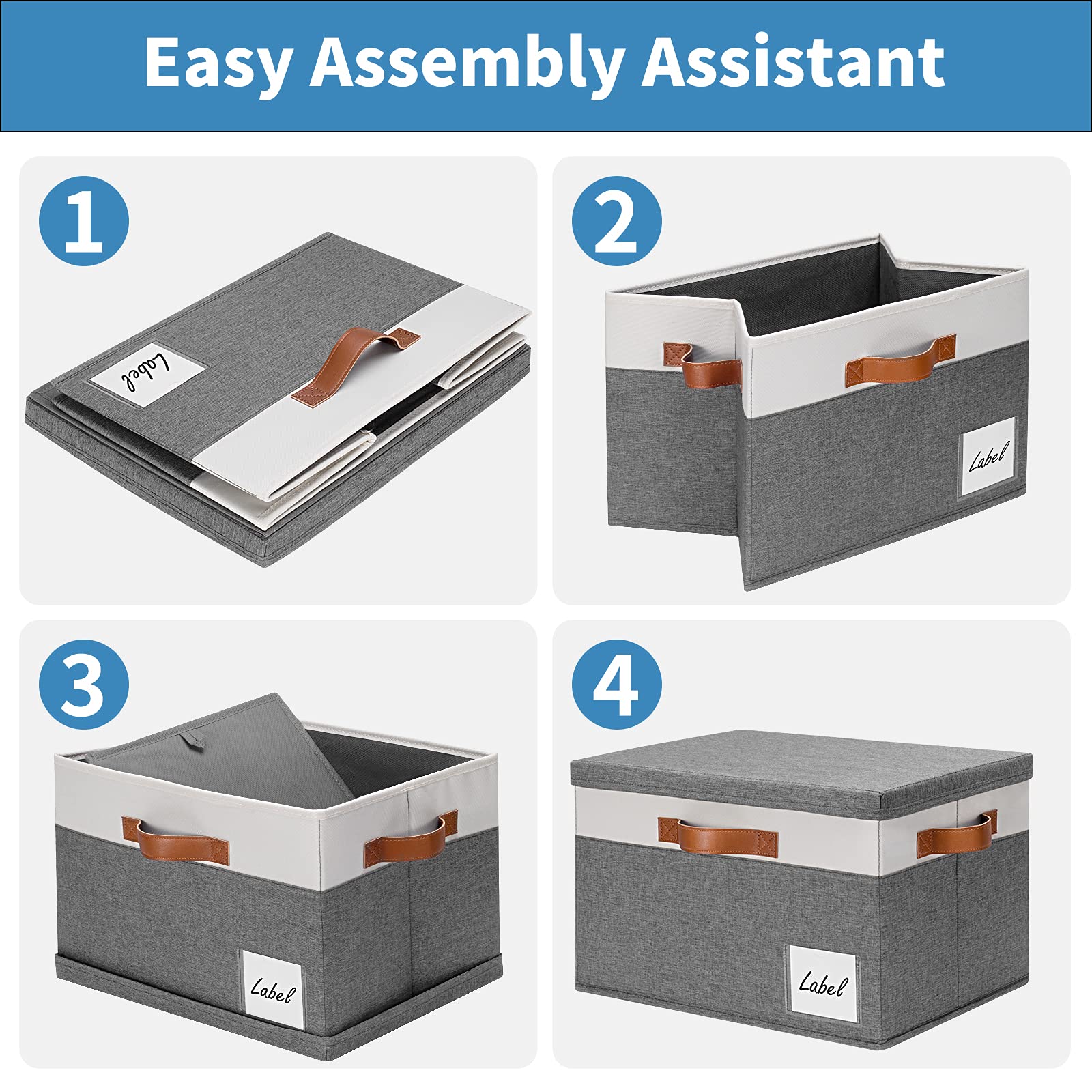 GhvyenntteS Fabric Storage Bins with Lids (3-Pack) Large Closet Storage Bins with Lid and 3 PU Handles  Foldable Fabric Storage Boxes with Label Window for Home Bedroom Office (Grey  15'' x 11'' x 9.7'')