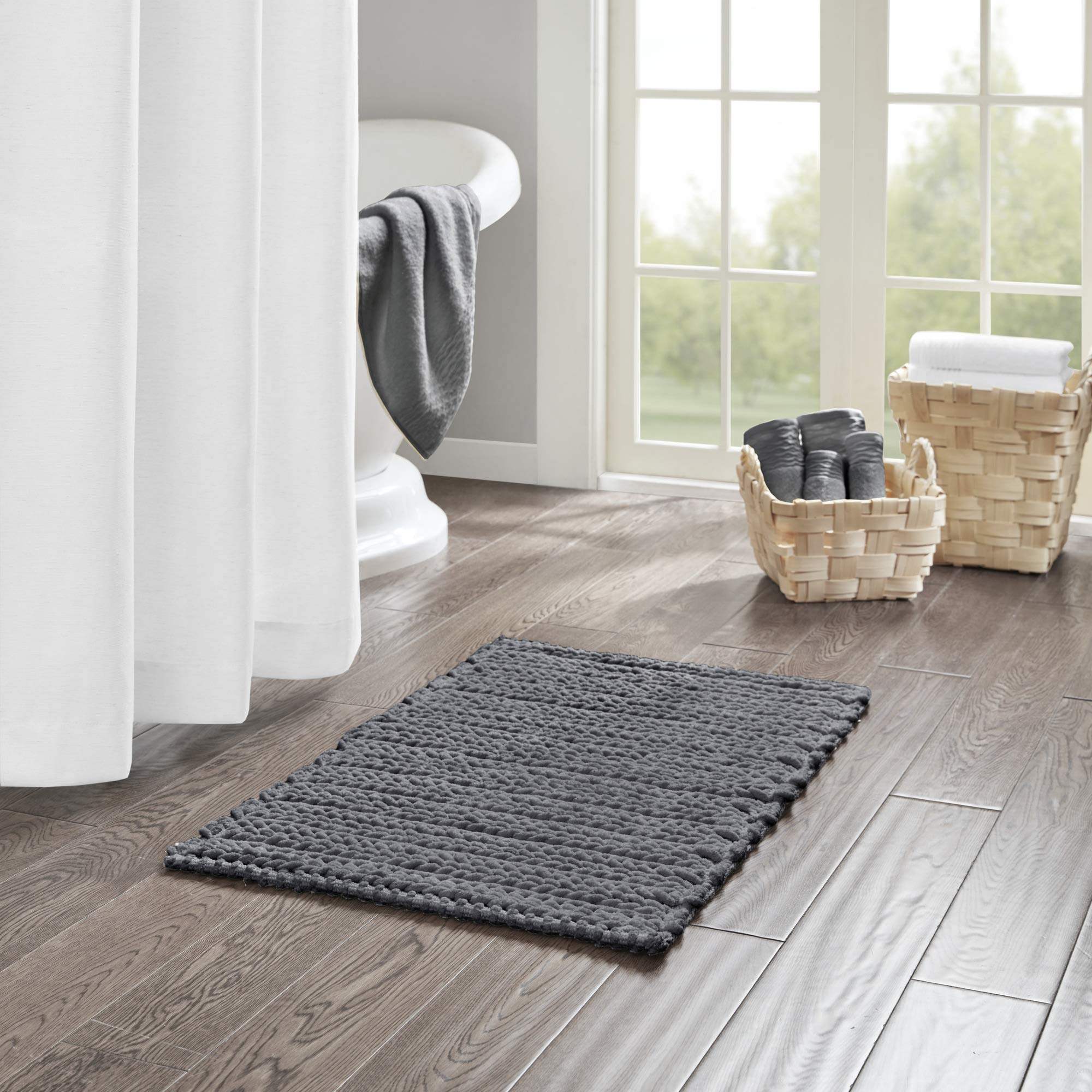 Madison Park Lasso 100% Cotton Chenille Chain Woven Stitch Bathroom Rug - Non Slip - Absorbent, Quick Dry Bath Mat, 20x30, Charc