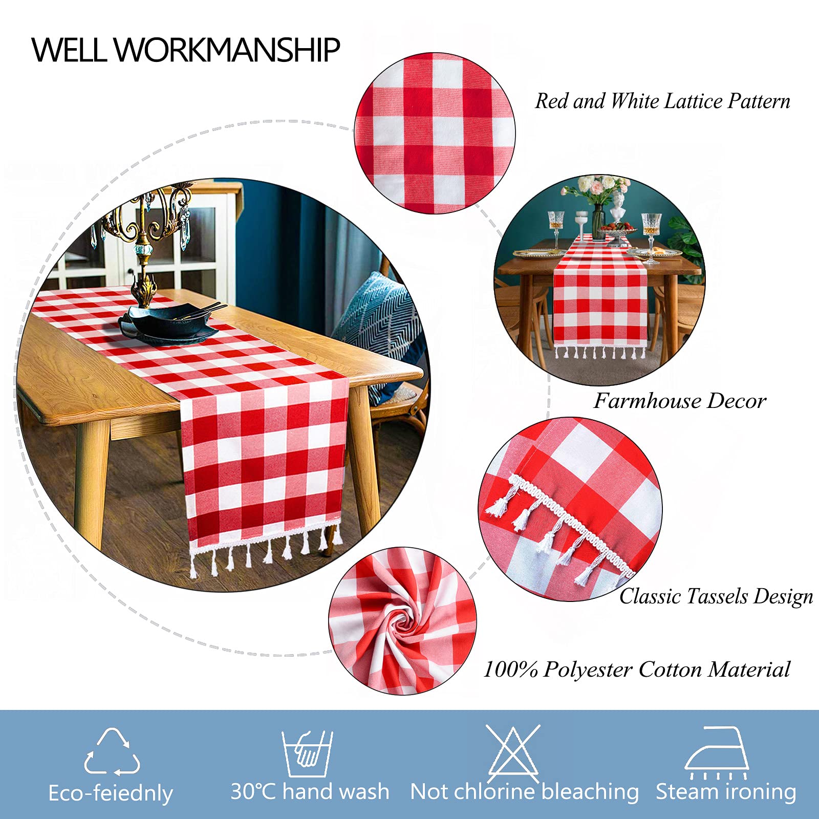Duobao Checkered Table Runner 14X90-Inch Red And White Buffalo Plaid Tablecloth Runners With Tassels Farmhouse Gingham Fabric 90