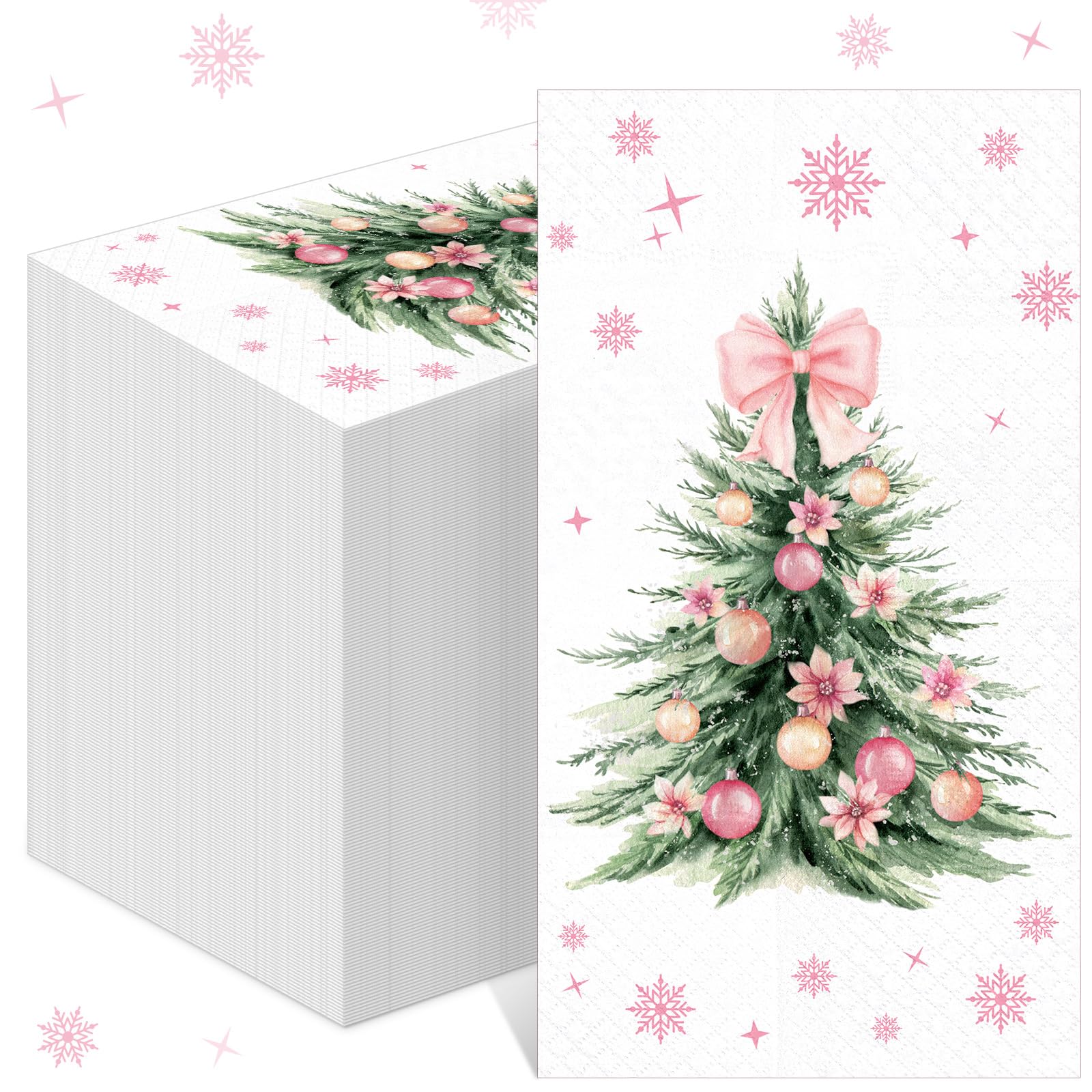 Janlaugh 100 Pcs Pink Bow Christmas Tree Napkins 3 Ply Disposable Hand Towels for Bathroom Paper Napkins Guest Decorative Paper 