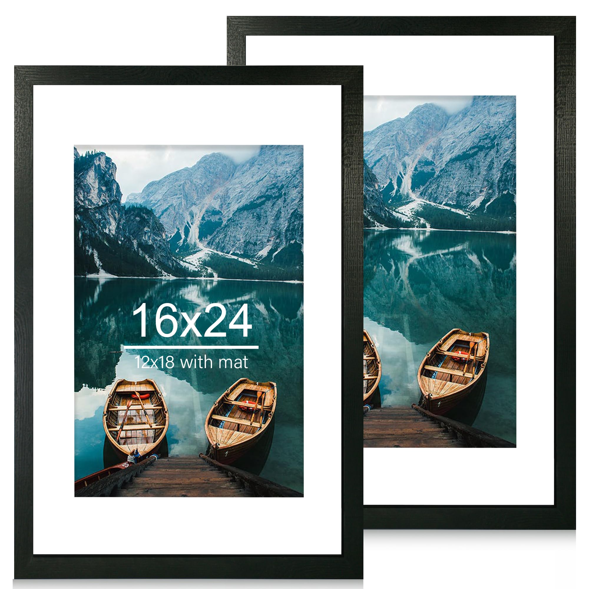 Hongkee 16x24 Frame Set of 2, Rustic Black Wood Style - Display 16 x 24 Picture without Mat or 12x18 Picture with Mat, Wall Moun