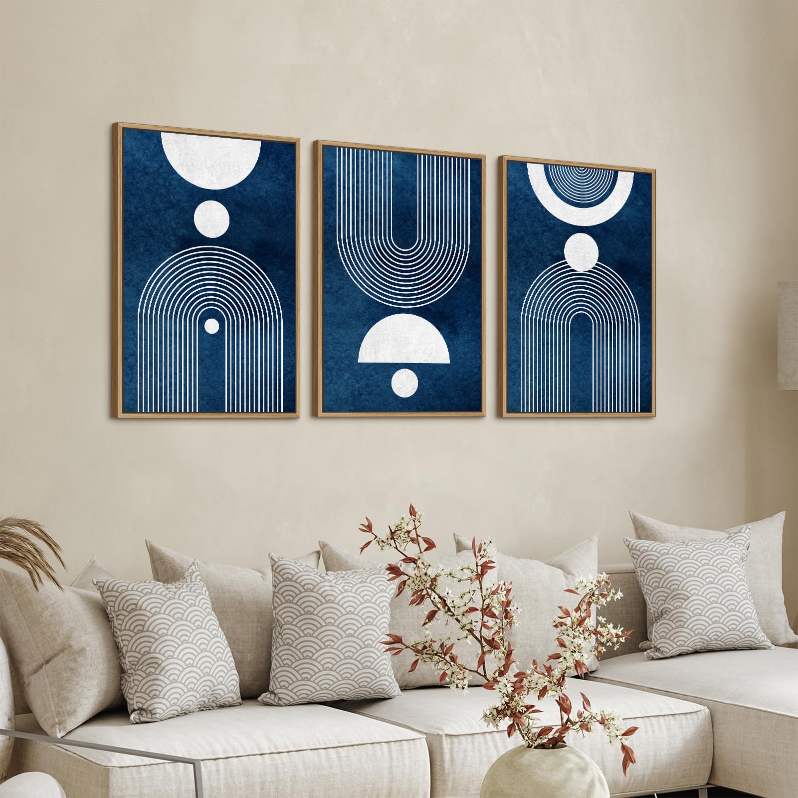 Framed Boho Canvas Wall Art - Mid Century Modern Geometric Pictures Prints Blue And White Minimalist Artwork Bohemian Wall Art F