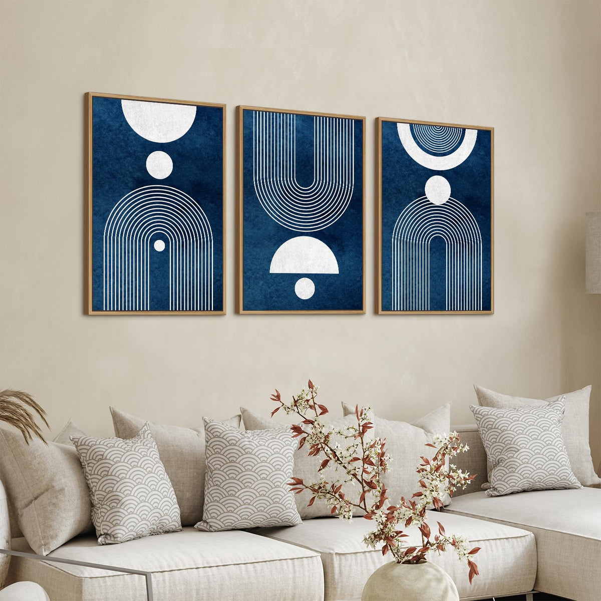 Framed Boho Canvas Wall Art - Mid Century Modern Geometric Pictures Prints Blue And White Minimalist Artwork Bohemian Wall Art F