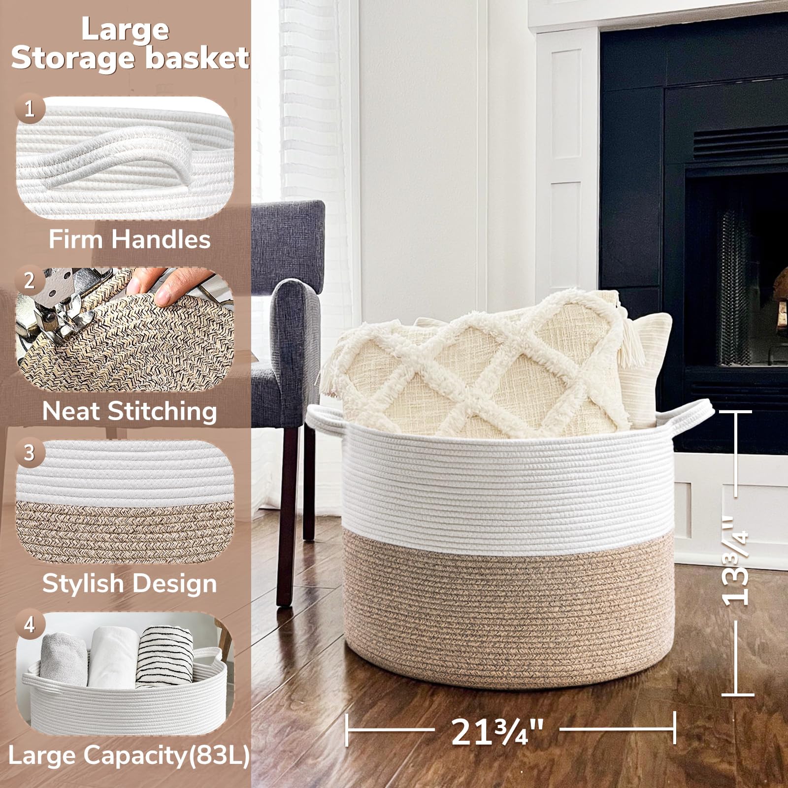 Goodpick Large Cotton Rope Basket, 83L Big Woven Storage Basket, Blanket Organizers And Storage, Baby Nursery Laundry Basket, Ex