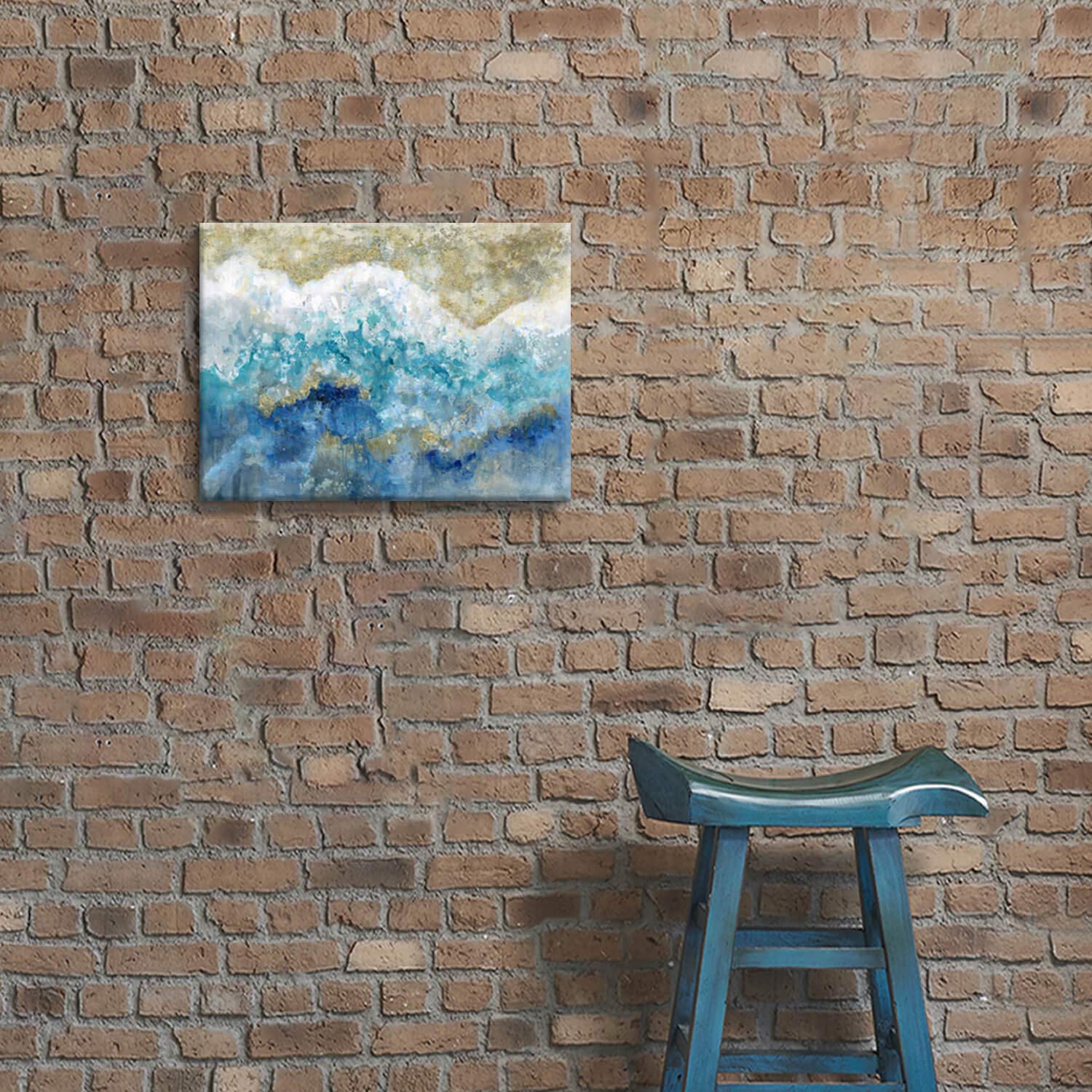 Abstract Picture Canvas Wall Art: Blue & Gold Artwork Painting Print On Canvas Small Size For Walls (16'' X 12'' X 1 Panel)