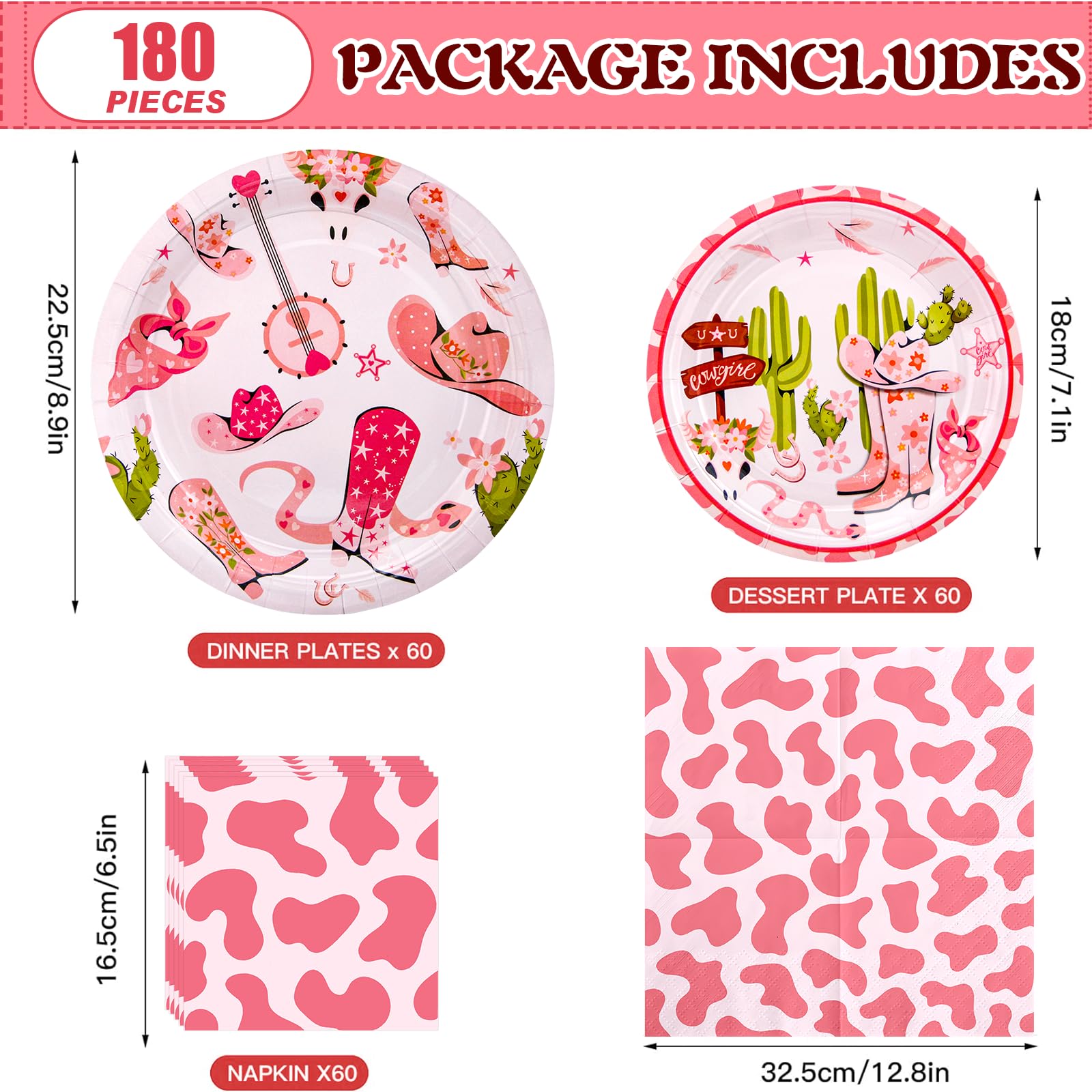 180Pcs Cowgirl Party Supplies Serve 60, Western Party Paper Plates And Napkins Set For Pink Cowgirl Rodeo Birthday Bachelorette