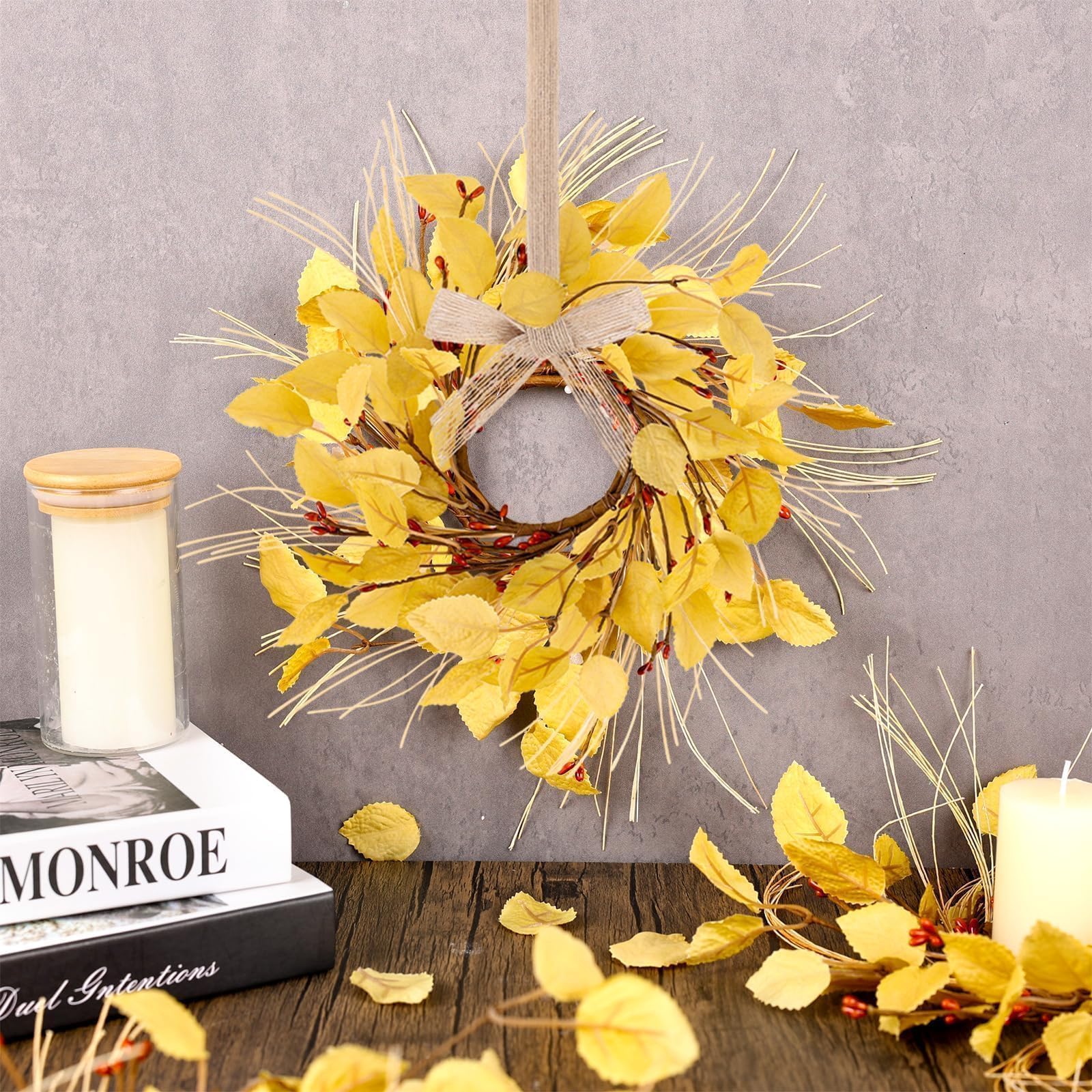 6 Pcs Fall Eucalyptus Leaves Wreaths for Kitchen Cabinets 3 Inch Front Door Mini Autumn Candle Rings Wreath with Red Berries Art