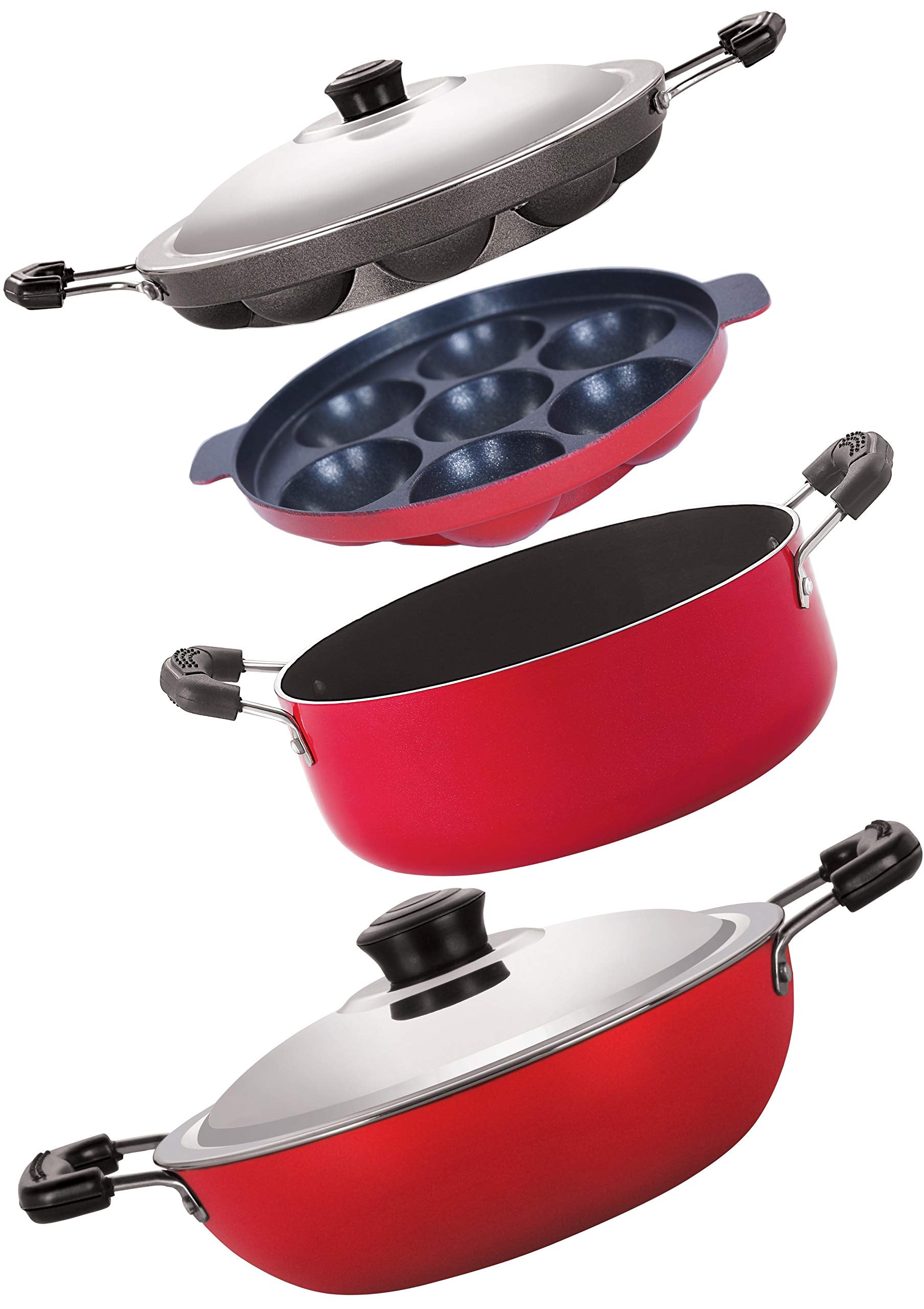 Nirlon NonStick Aluminum Cookware Set, 4Piece, Red And Black (2.6Mm_Dkd(M)_Ap(7)_Ap(12)_Cass20)