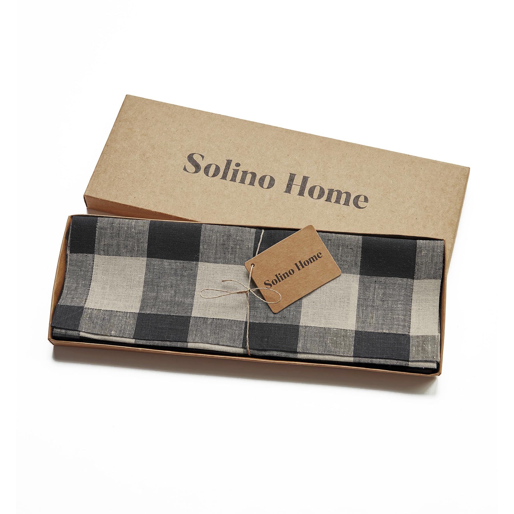 Solino Home Buffalo Check Linen Placemats 19'' L X 14'' W Inch - 100% Pure Linen Natural And Black Plaid Cloth Placemats Set Of